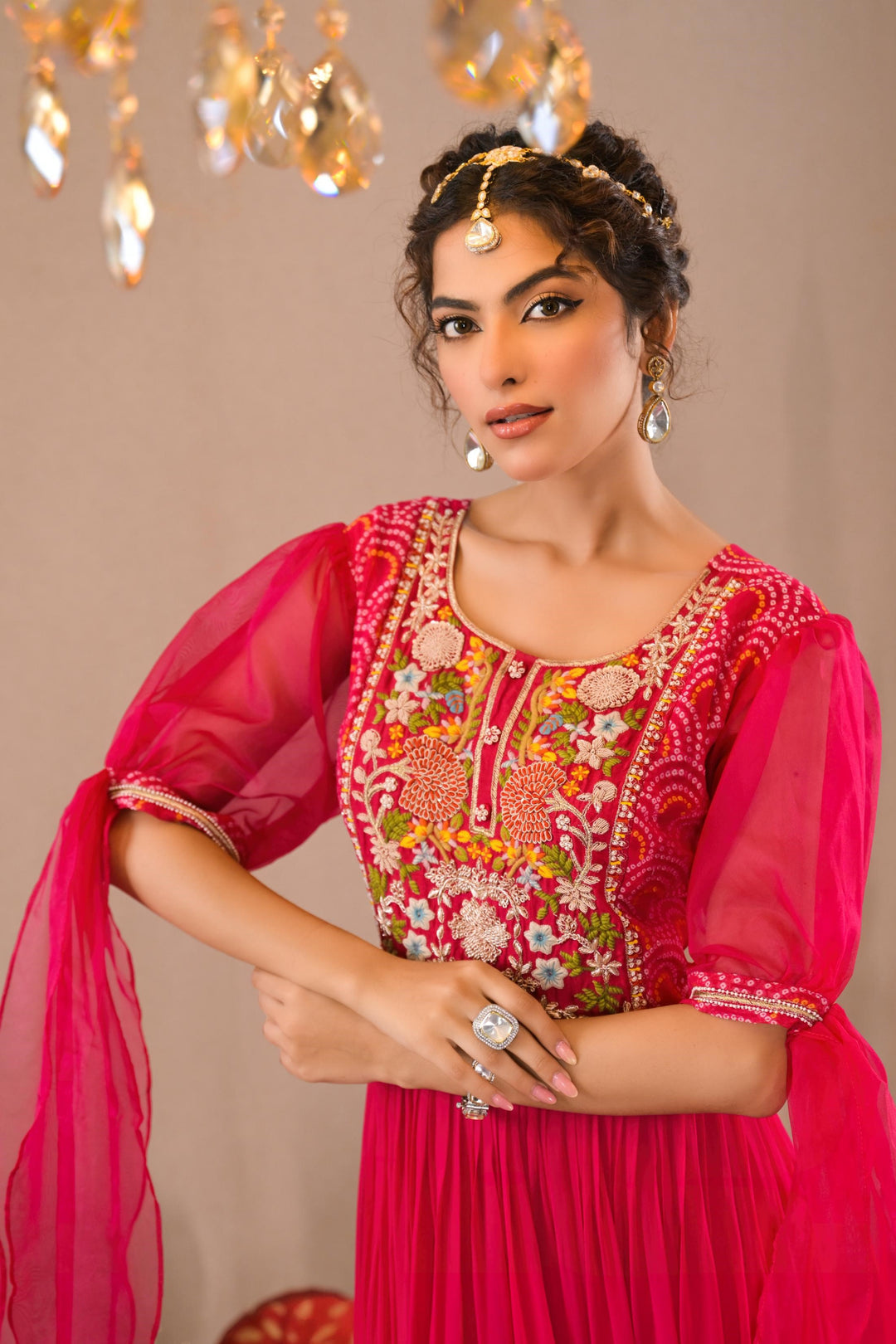 Hot Pink & yellow Bandhej Printed Georgette Silk Gown