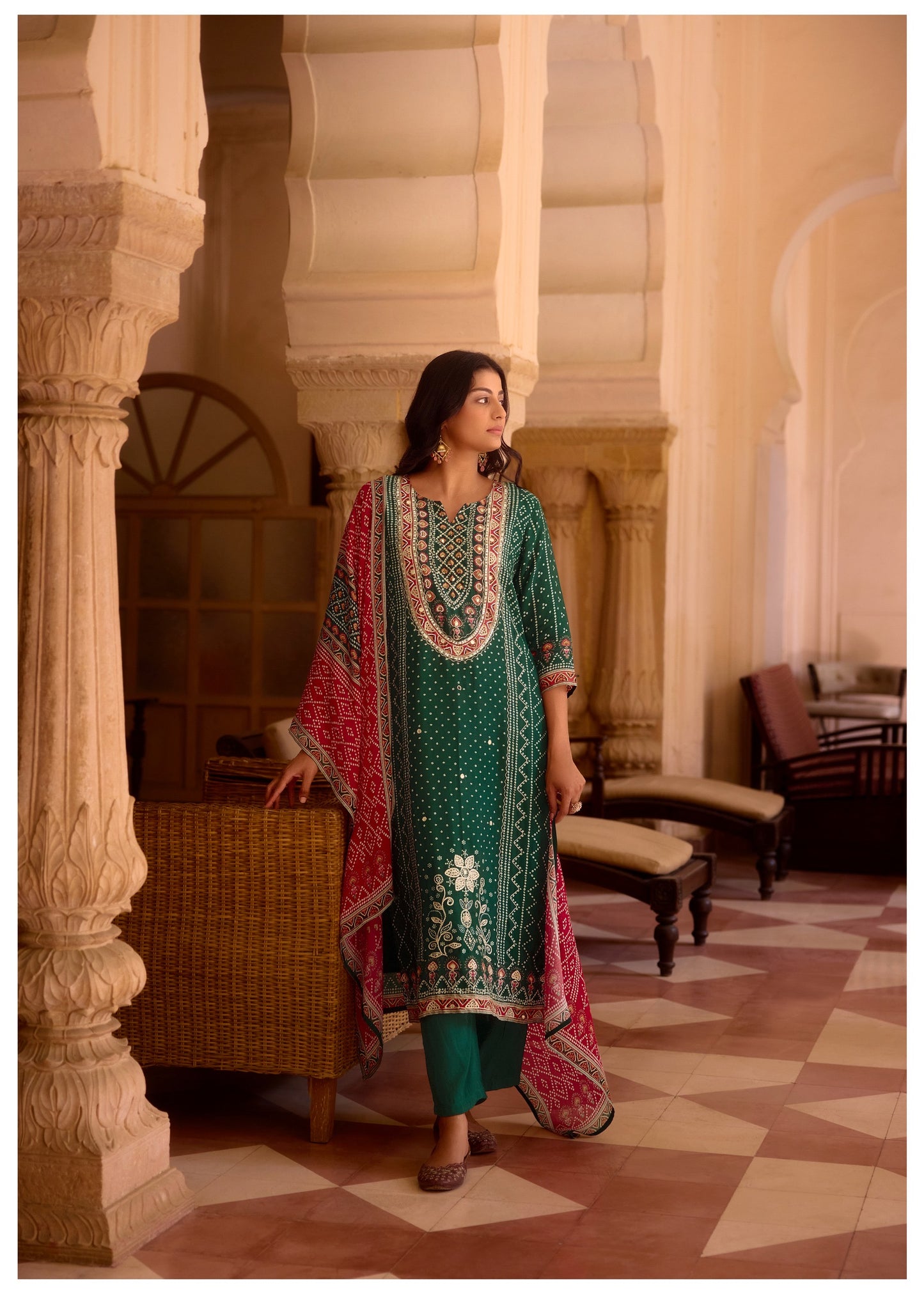 Bottle green Bandhani Russian silk suit