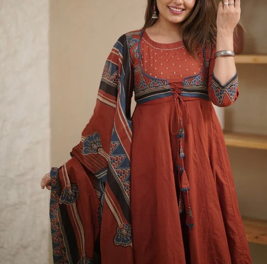 Ajrakh rust cotton Anarkali