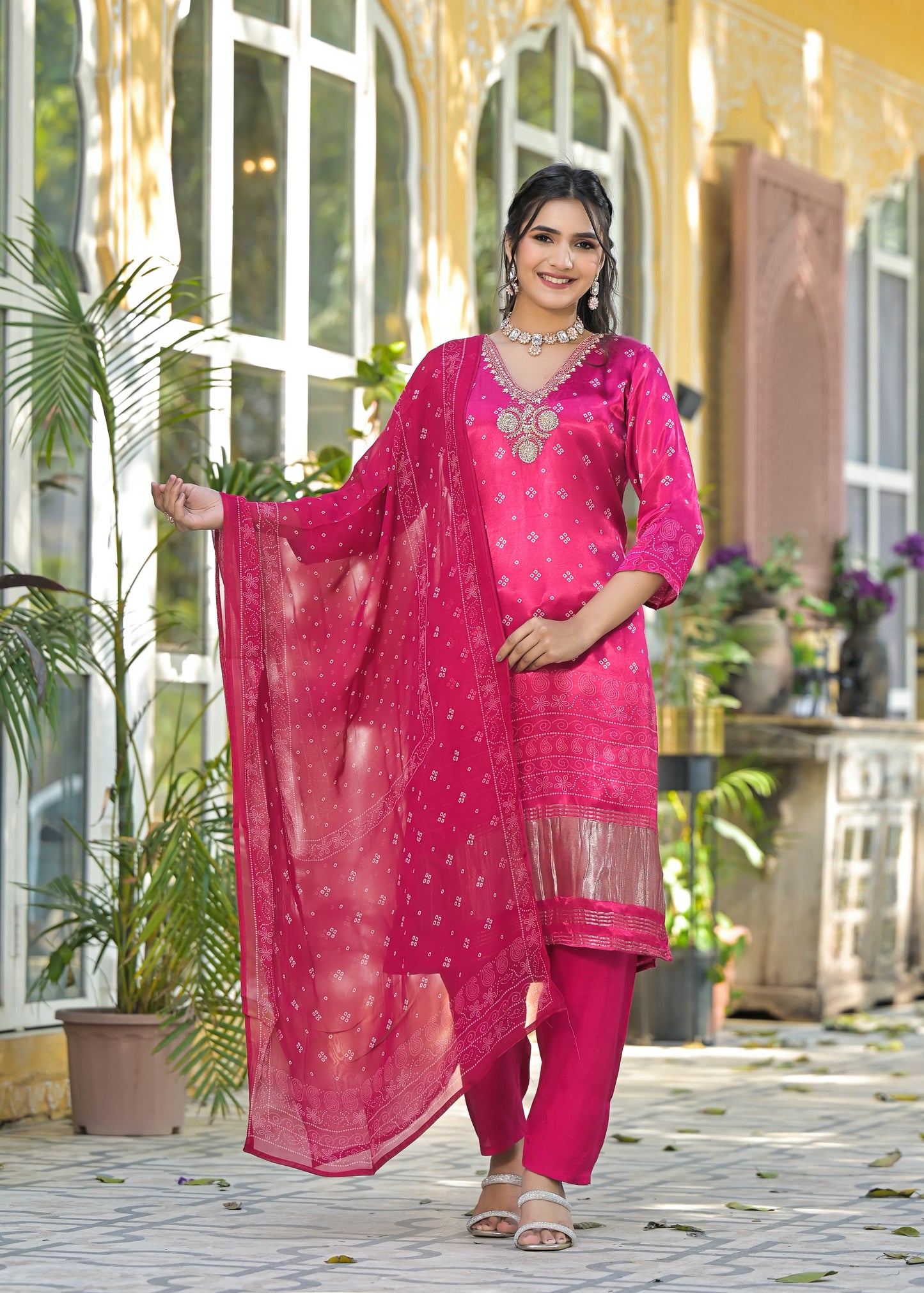 Pink Bandhani gajji suit