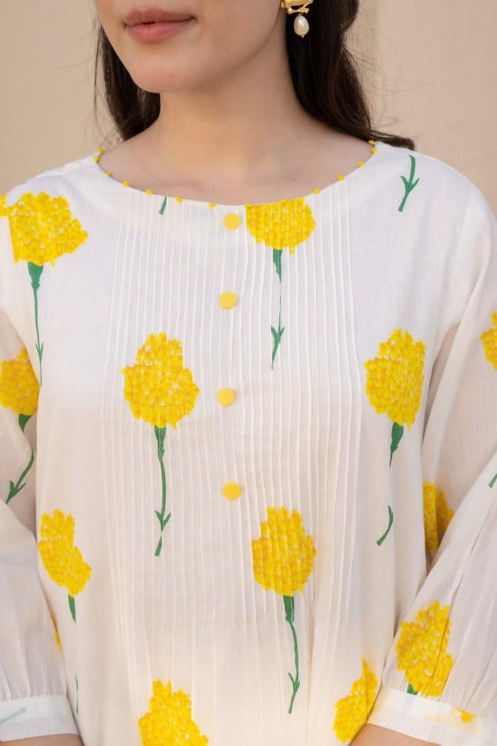 White with yellow flower cotton kurta pant