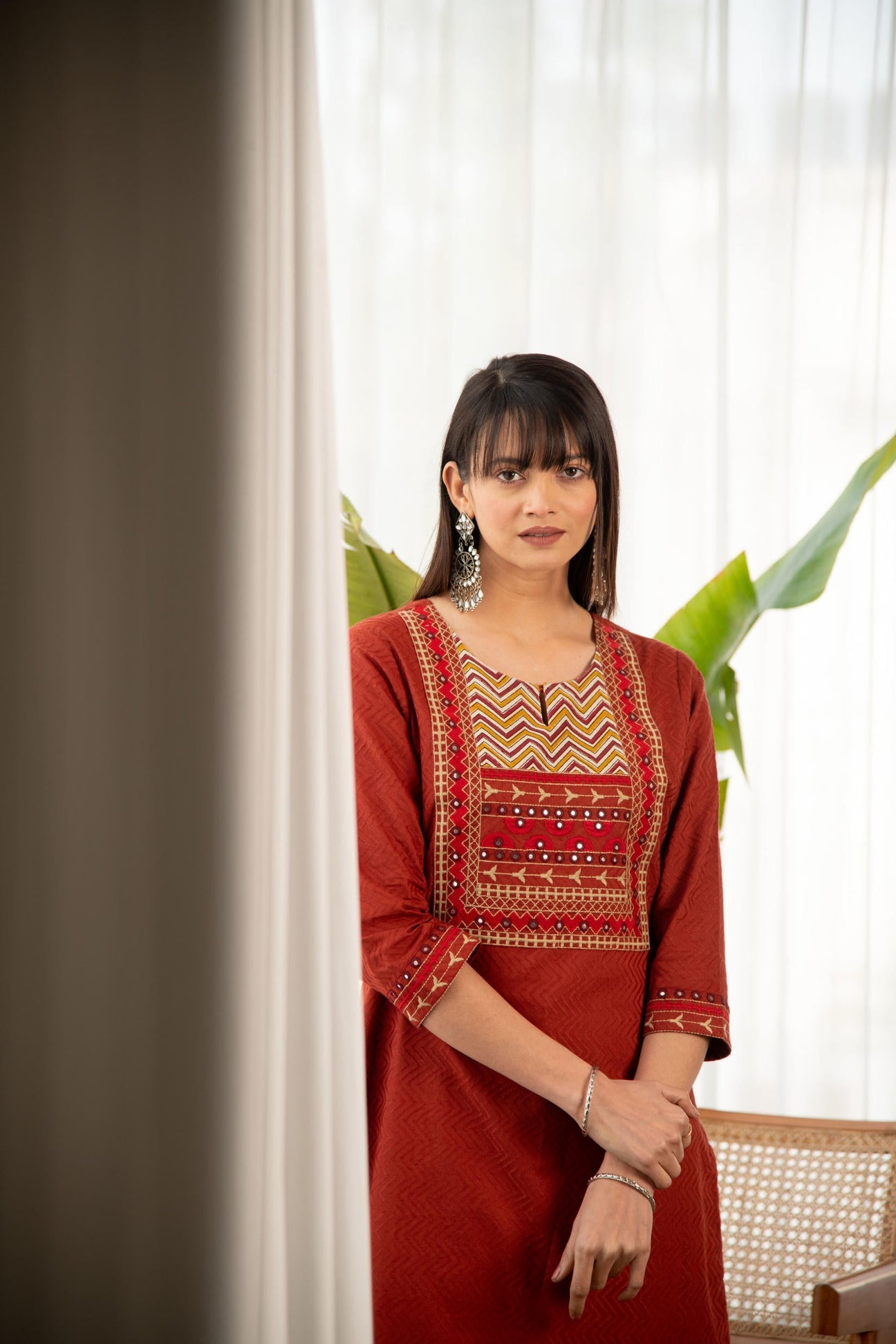 Rust Dobby Straight Kurta with Afghani bottom