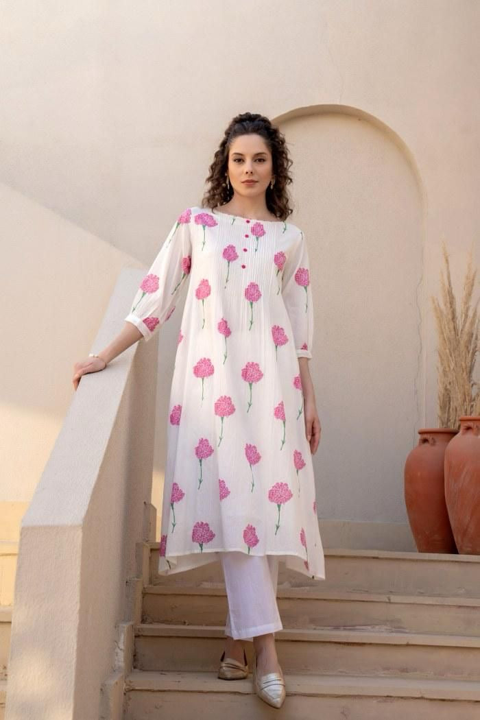 White with pink flower cotton kurta pant