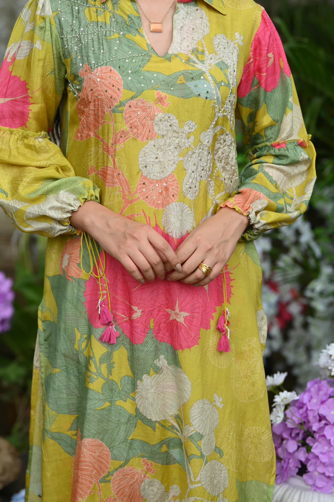 Lime Flower Muslin Kurta Set