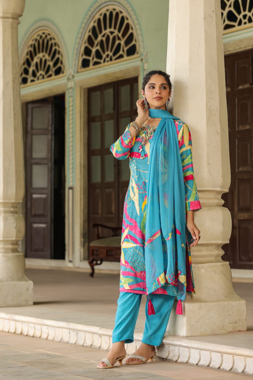 Blue and pink muslin silk