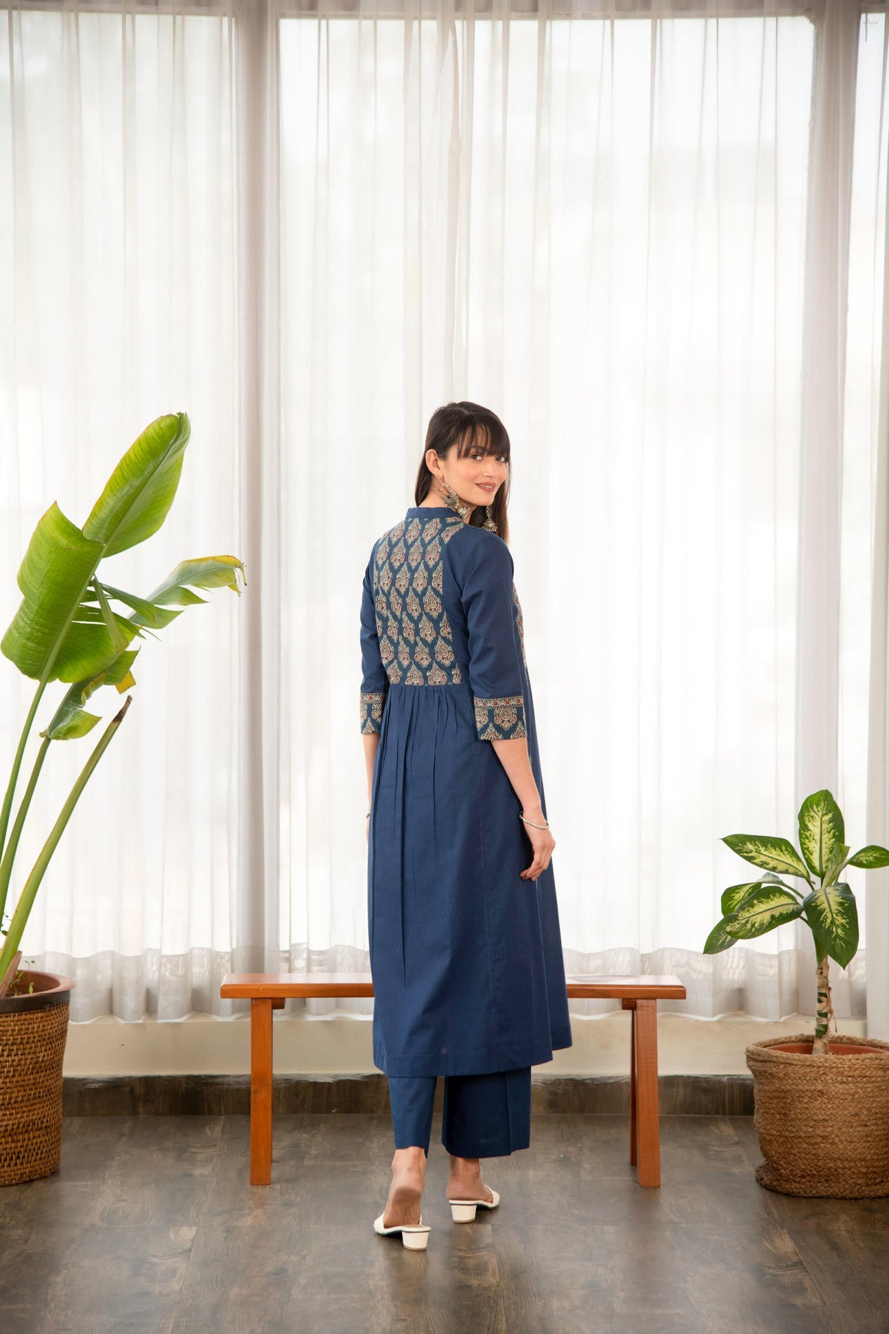 Indigo Blue Cotton Printed Yoke A-Line Kurta