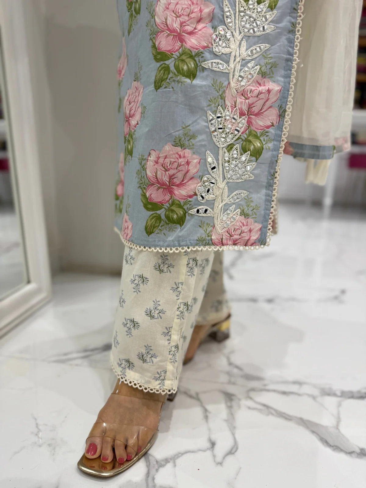 Floral blue cotton adaa suit