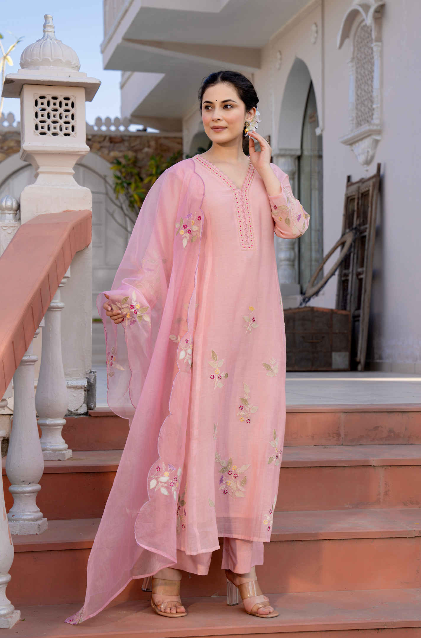 Onion pink Mul Chanderi embroidered Aline Kurti with pants and dupatt