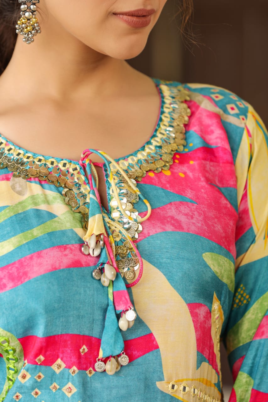 Blue and pink muslin silk