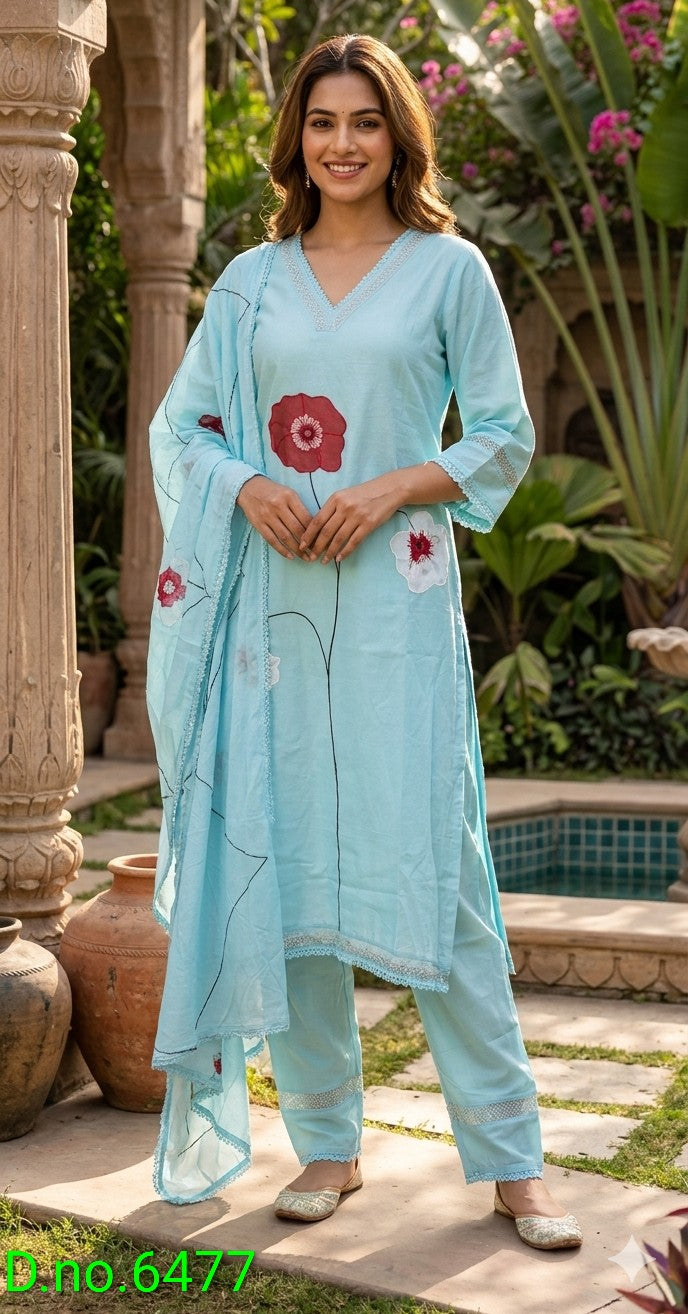 Pure cotton appliqué work on kurta comes with cotton pant dup with cotton lining attached with kurta