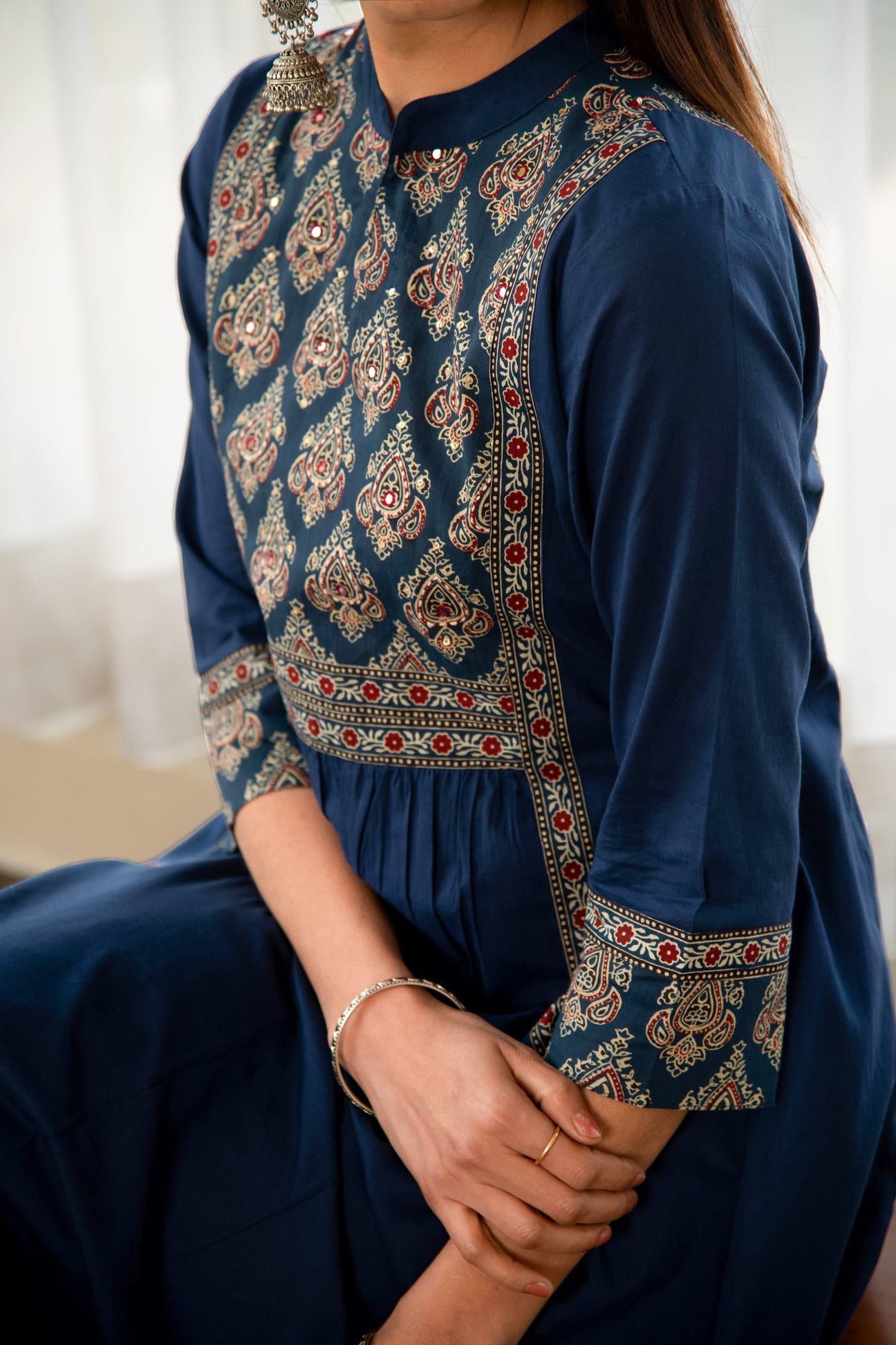 Indigo Blue Cotton Printed Yoke A-Line Kurta