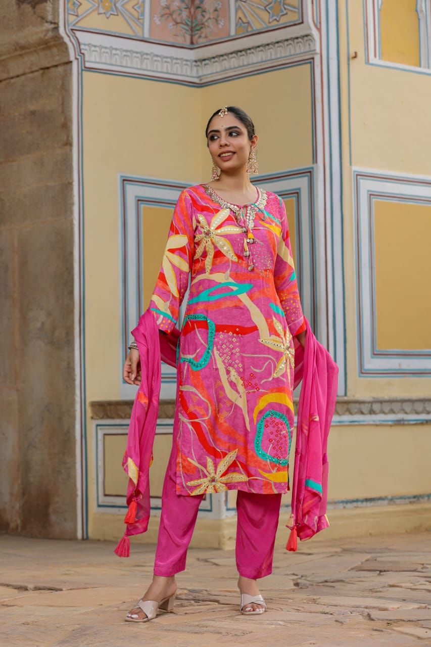 Blue and pink muslin silk