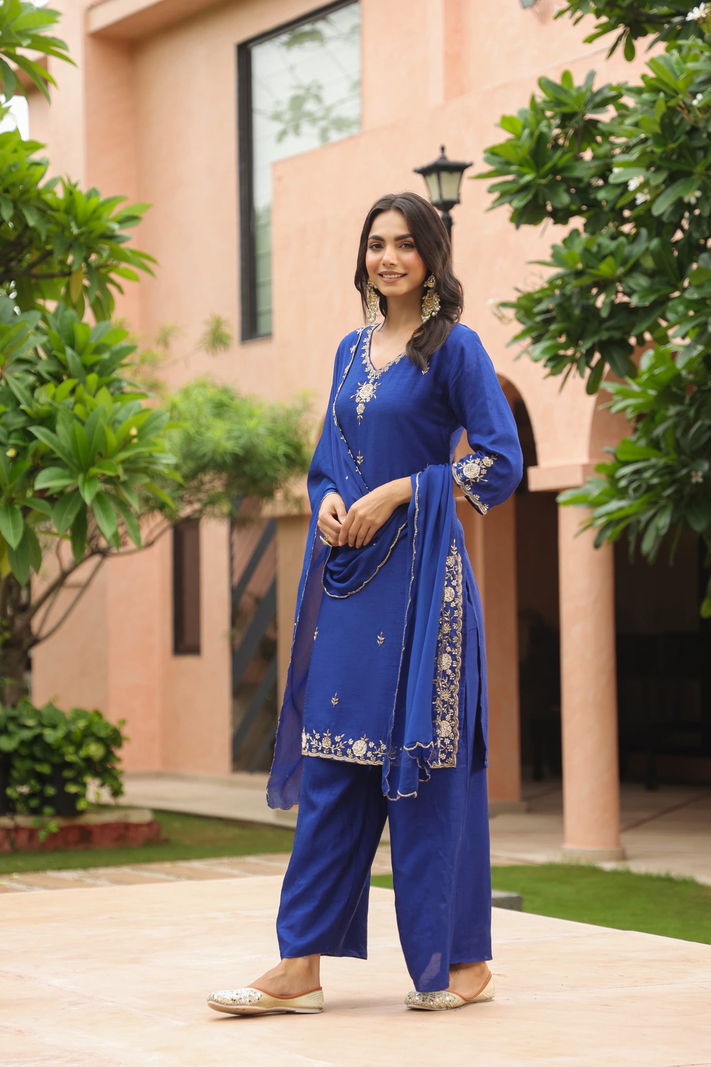 Royal blue silk hand work suit