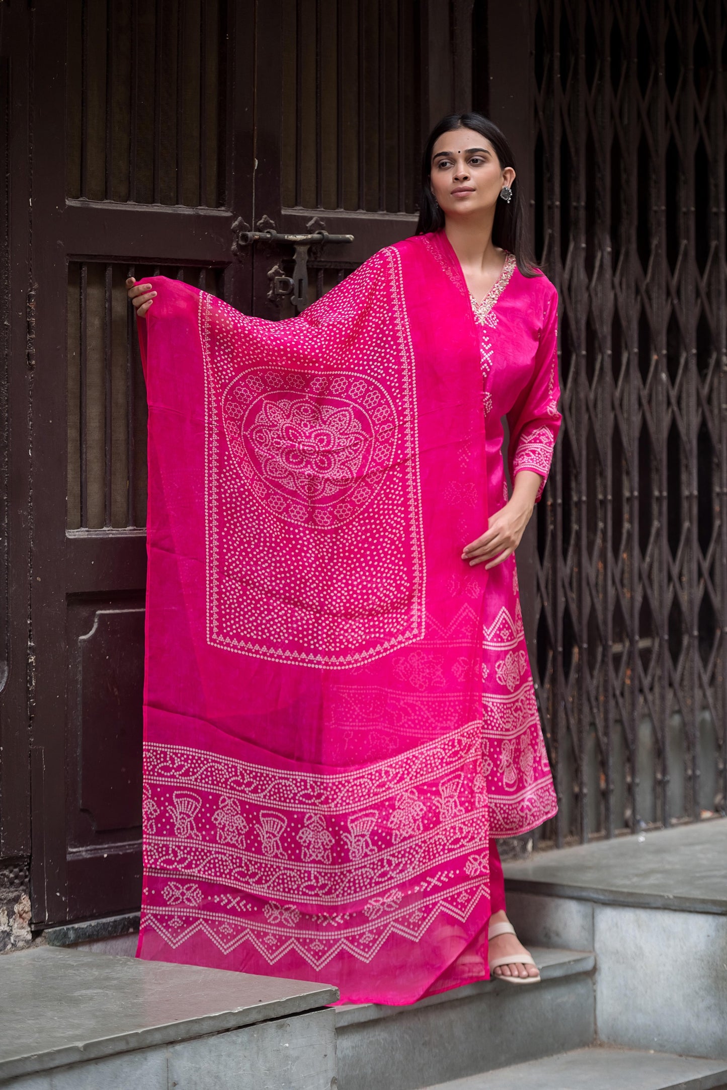 Rani pink Bandhani pure crepe suit