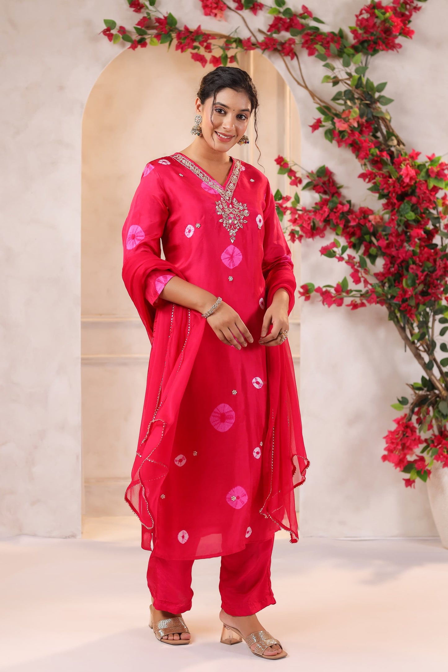 Pink Bandhani silk suit