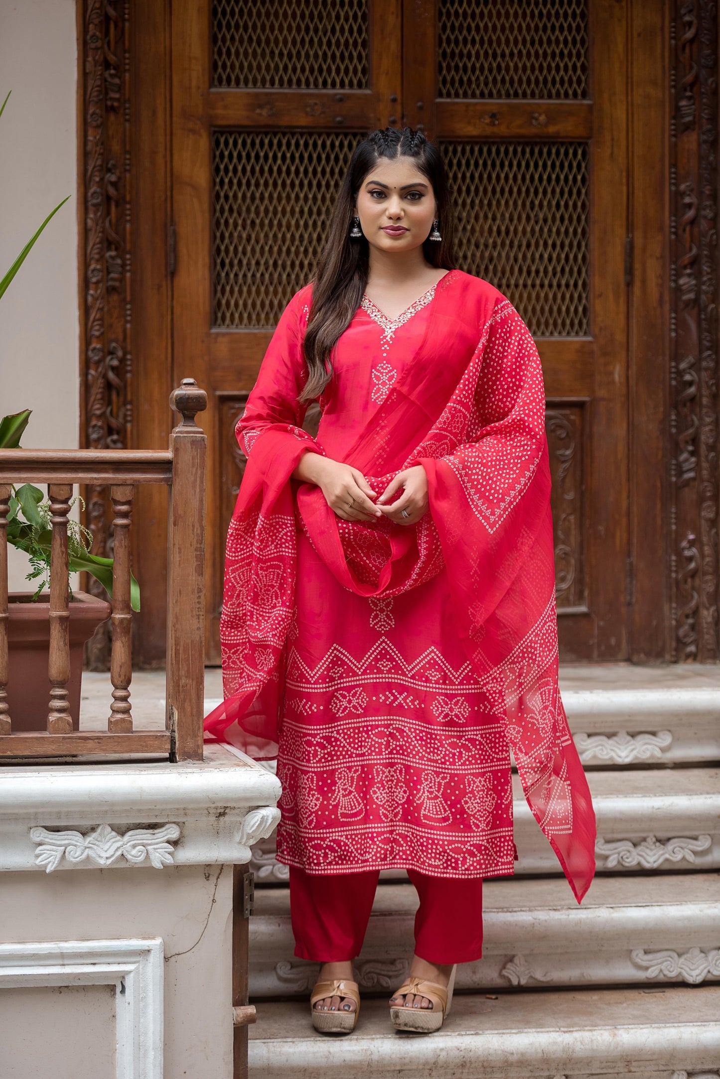 Red Bandhani pure crepe suit
