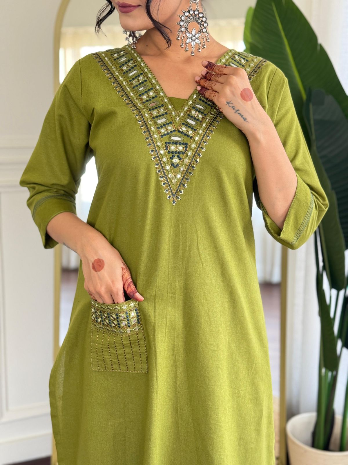 V mehendi green cotton kurta pant