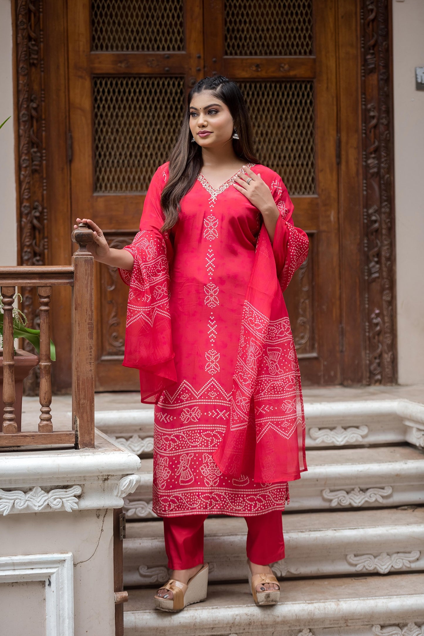 Red Bandhani pure crepe suit