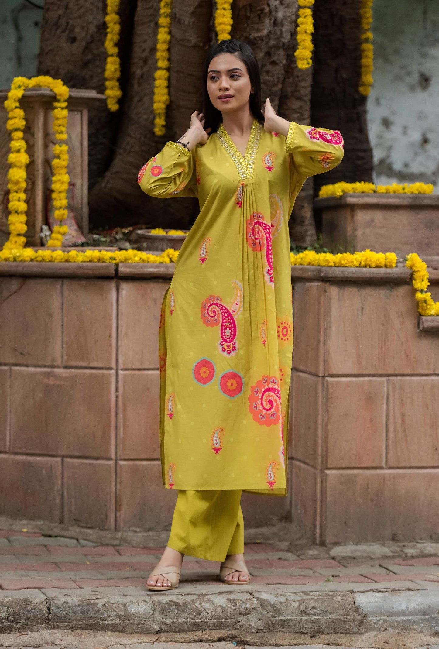 Classy lime yellow cotton print kurta pant