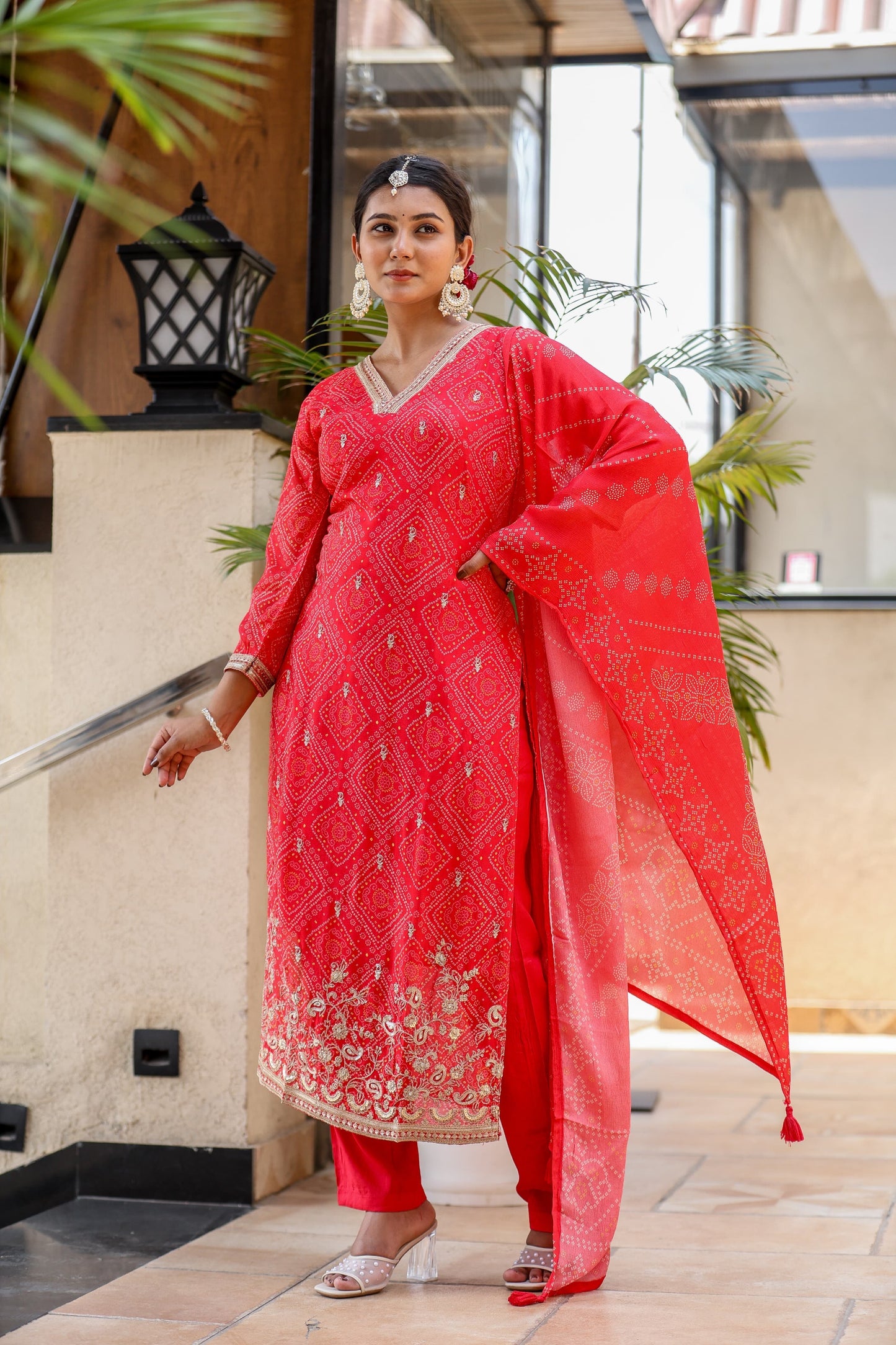 Bandhani red chinon suit
