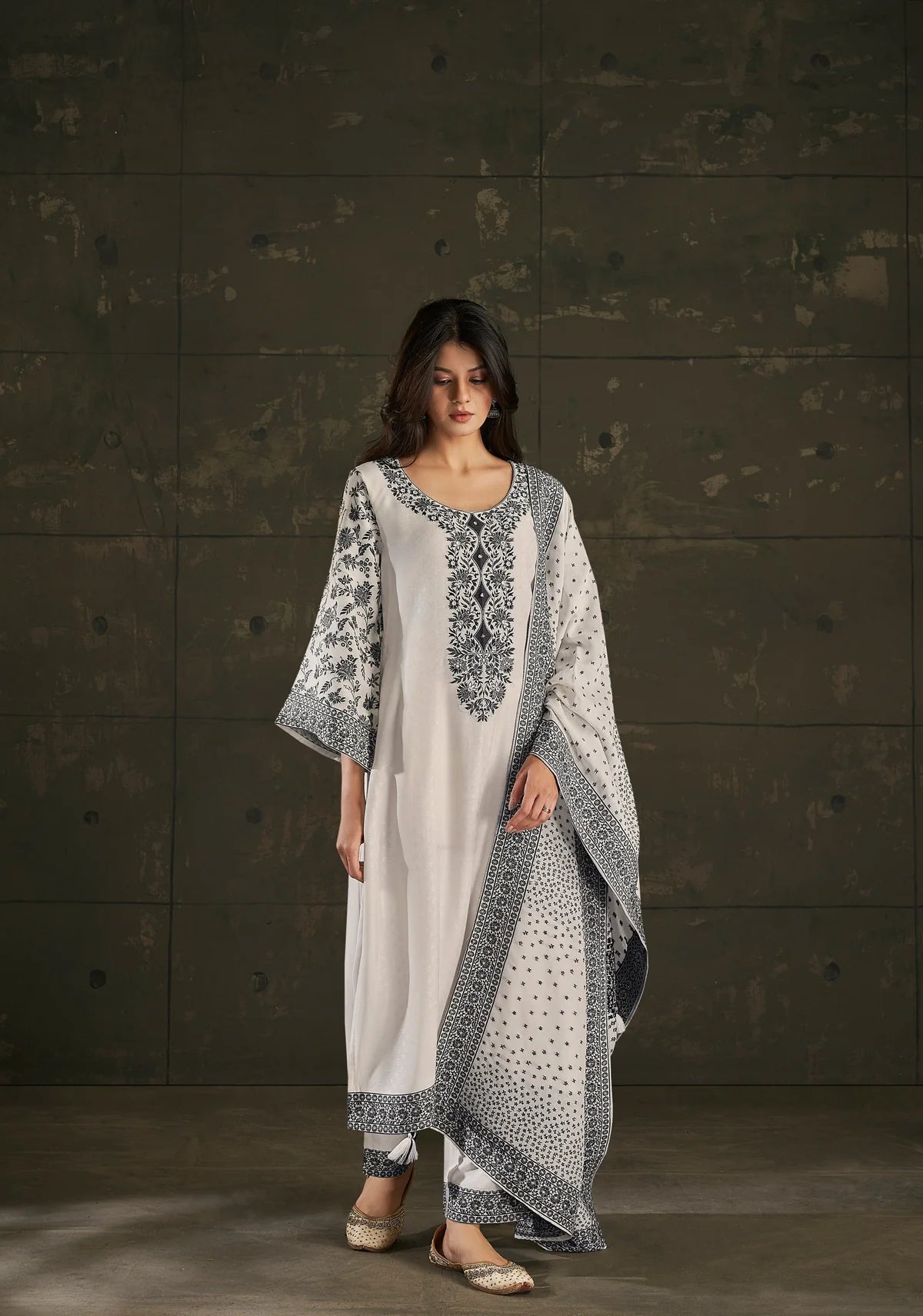 Jamdani white black suit