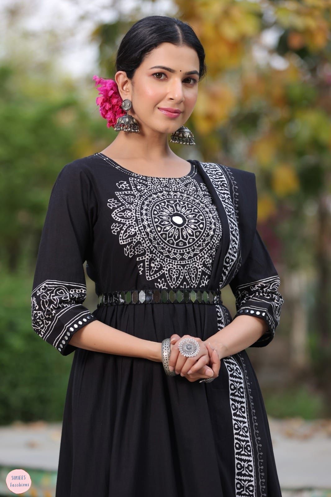 Black Kutch gown with real mirror belt