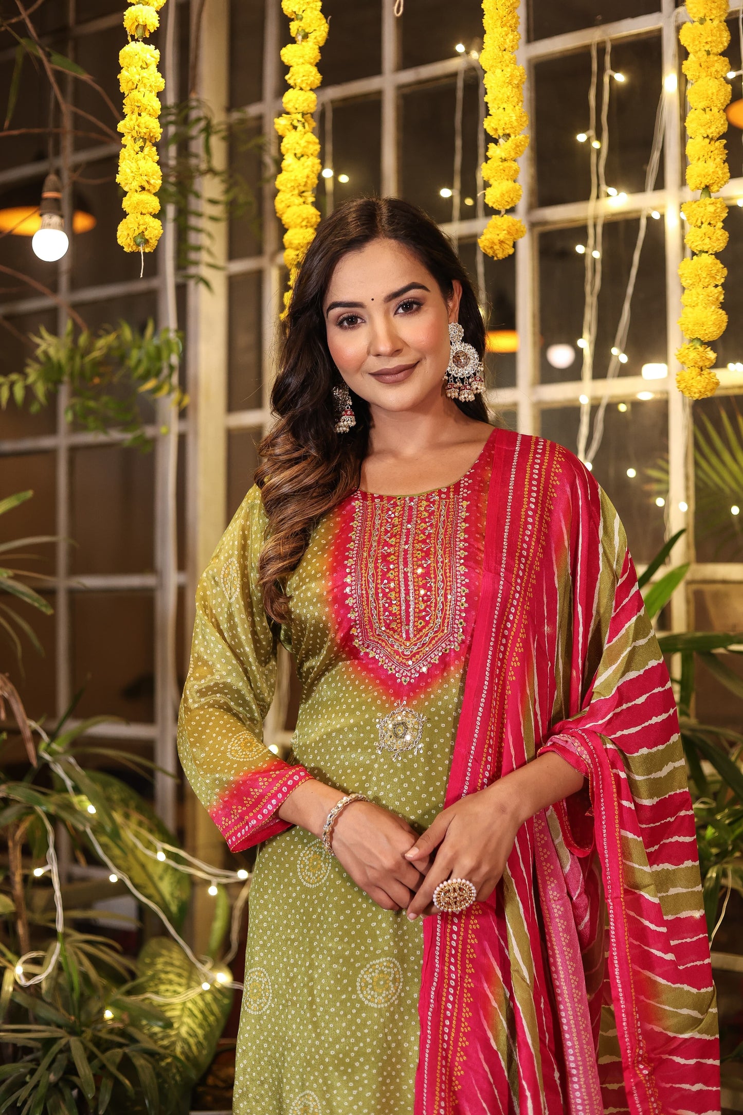 Green Bandhani chinon suit