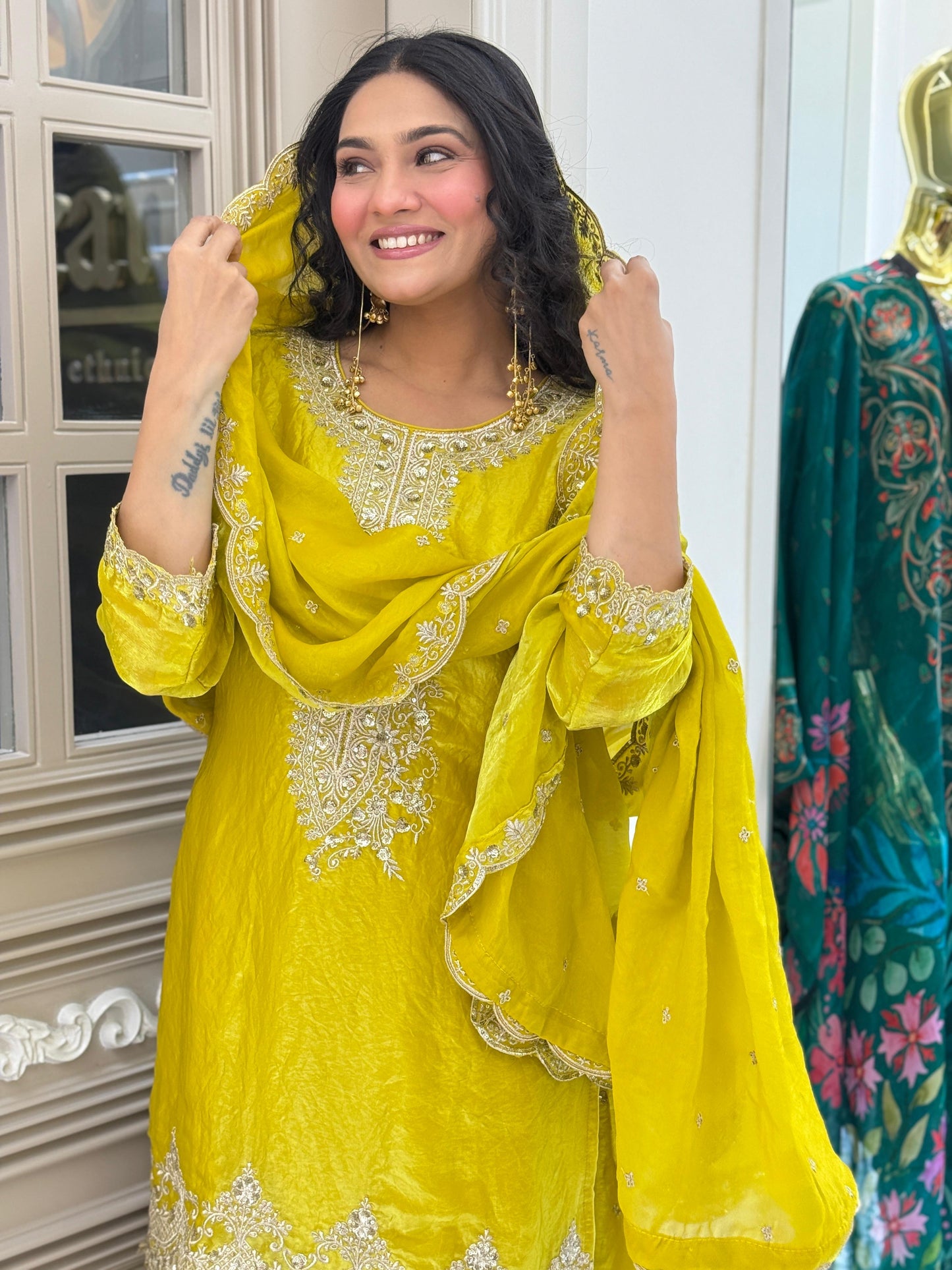 Yellow glass tissue sharara set