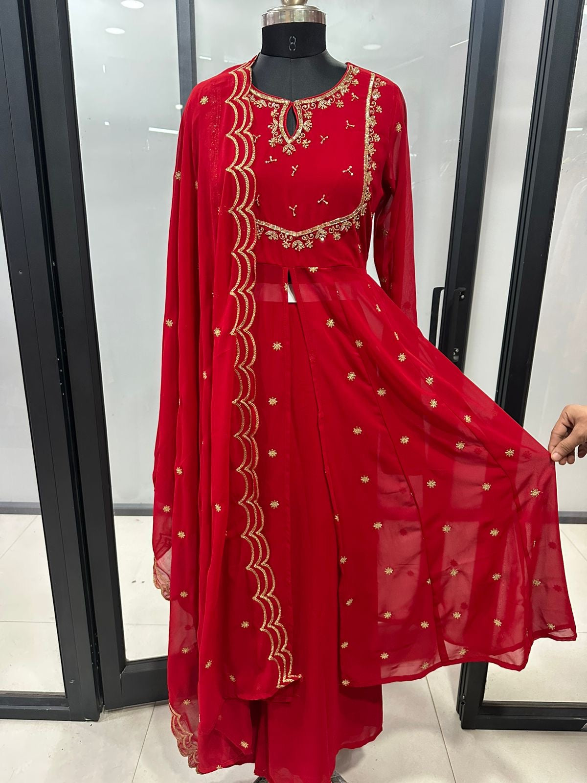 Red Royal Zardosi U-Yoke Front Slitted Anarkali Full Suit Set With Dupatta & Loose Palazzo Bottom In Georgette Fabric