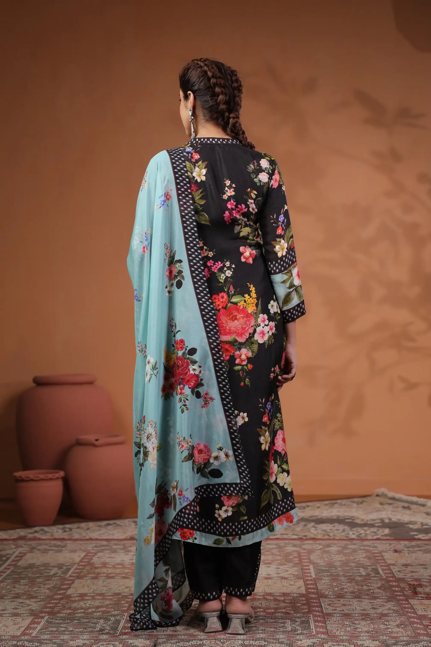 Black floral silk suit