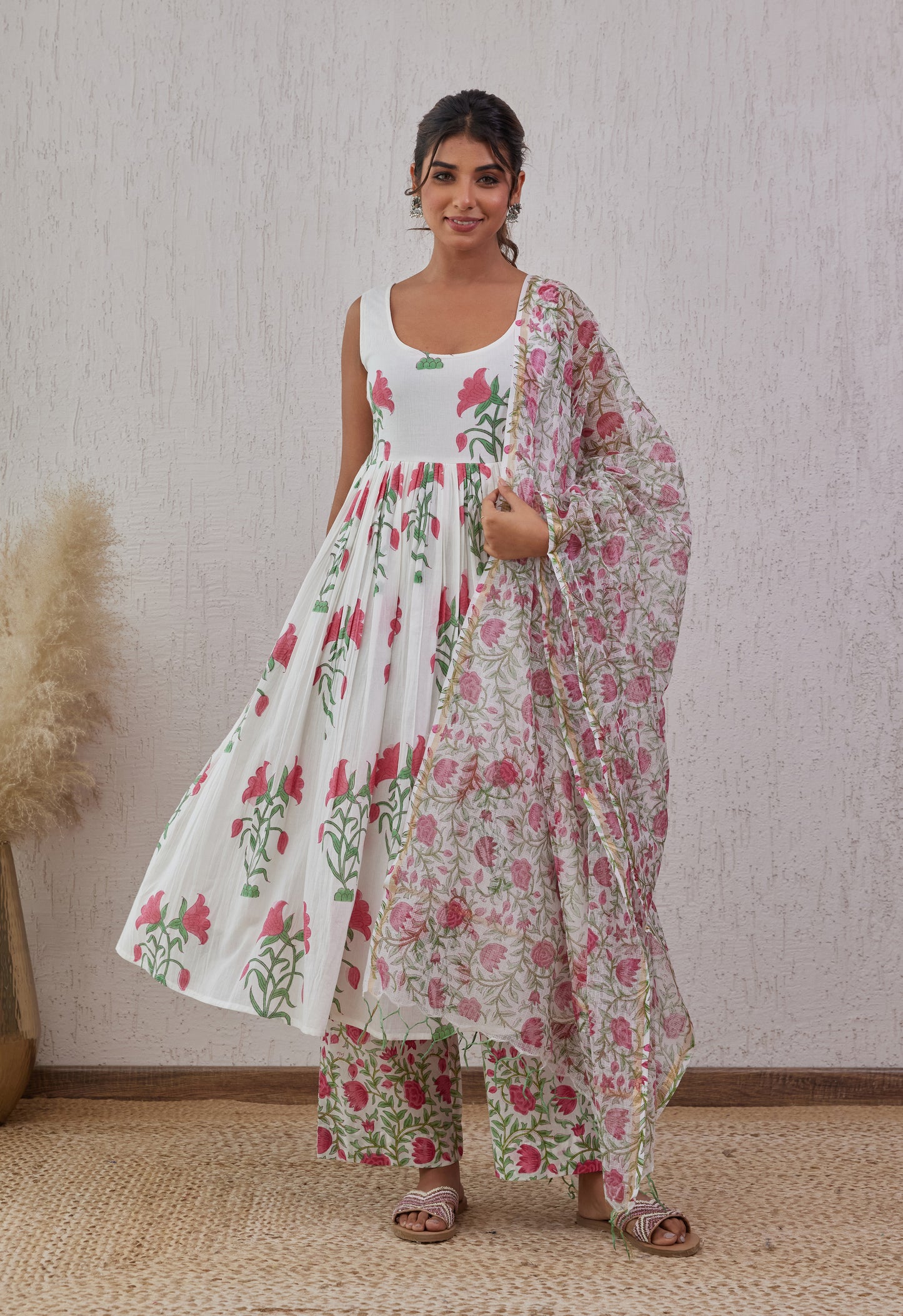 Hand block white pink/blue cotton suit