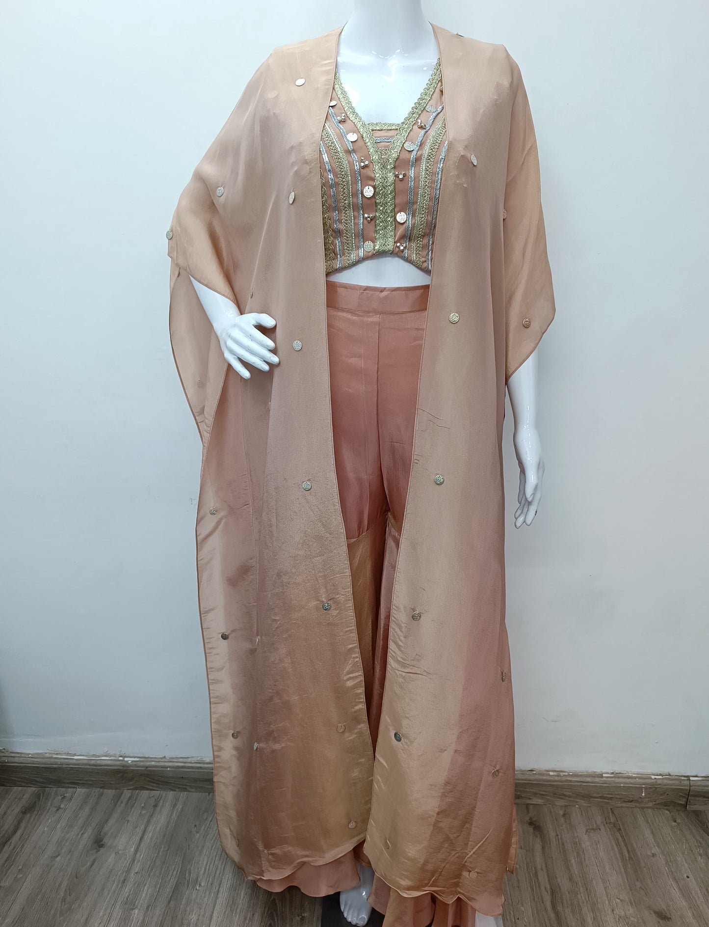 Rose gold Tissue Indo western desiber blouse with cape & sharara