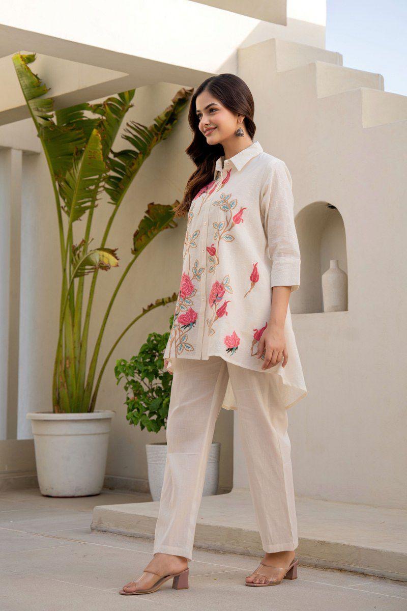 Pink parse embroidery hakoba cotton fabric co ord set