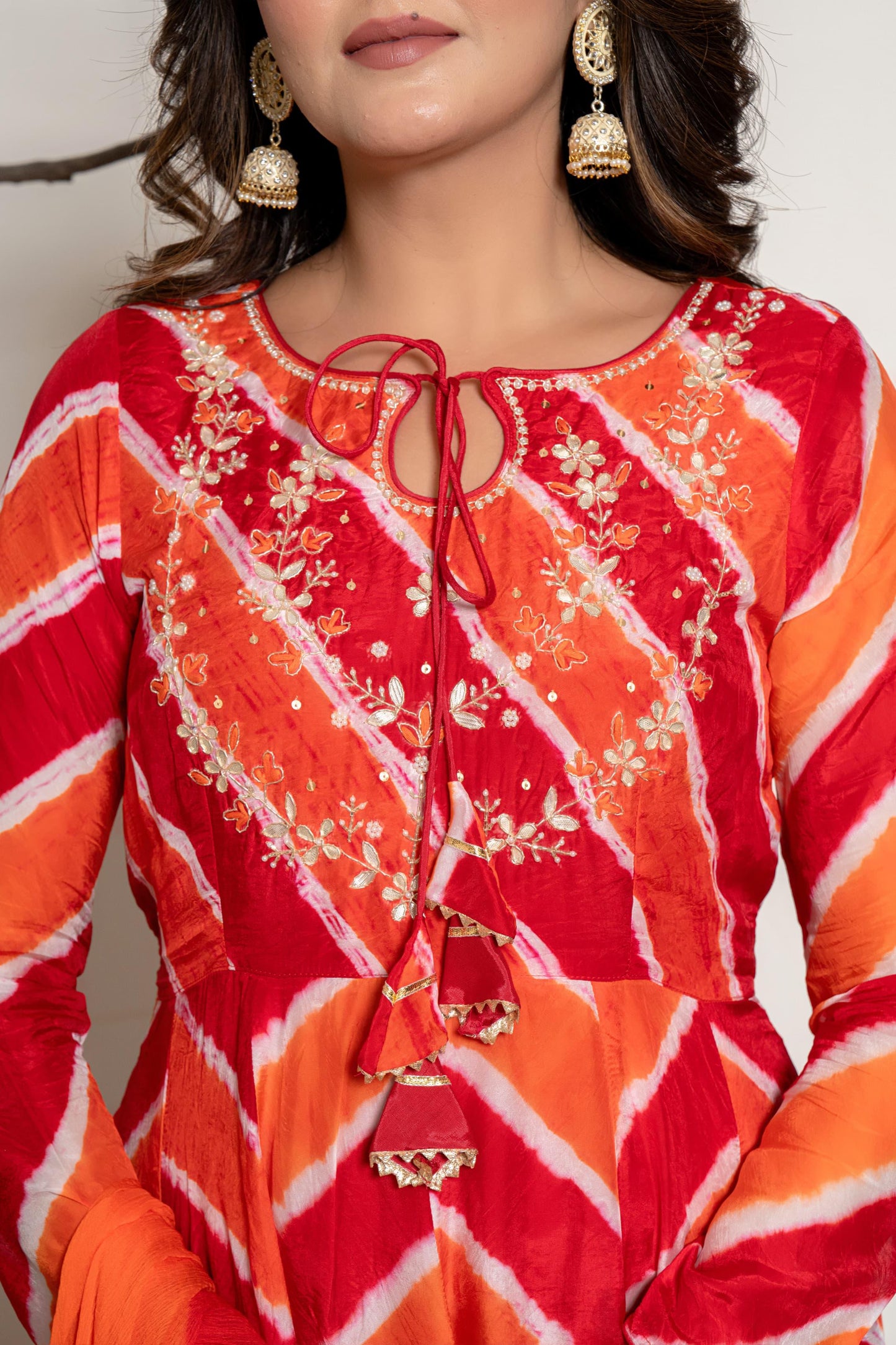 Red orange lehriya crepe Anarkali