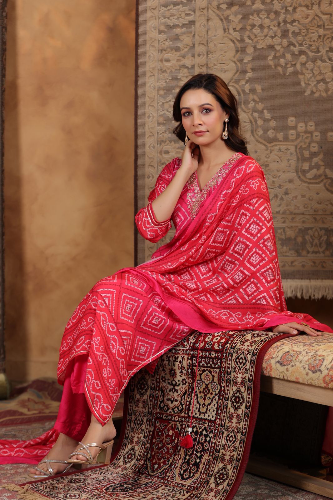 Red pink Bandhani muslin silk suit