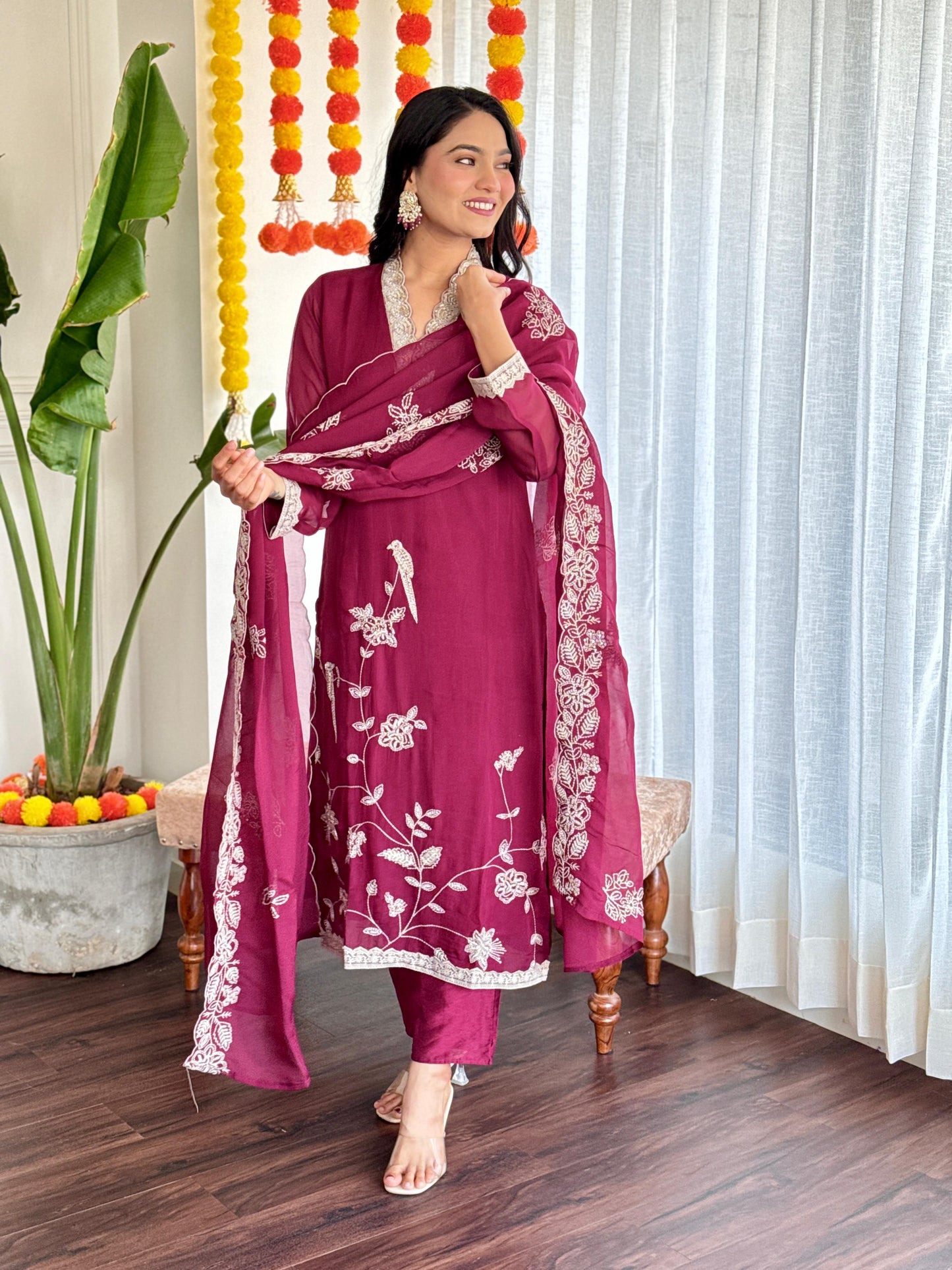 Soft v neck organza embroidery