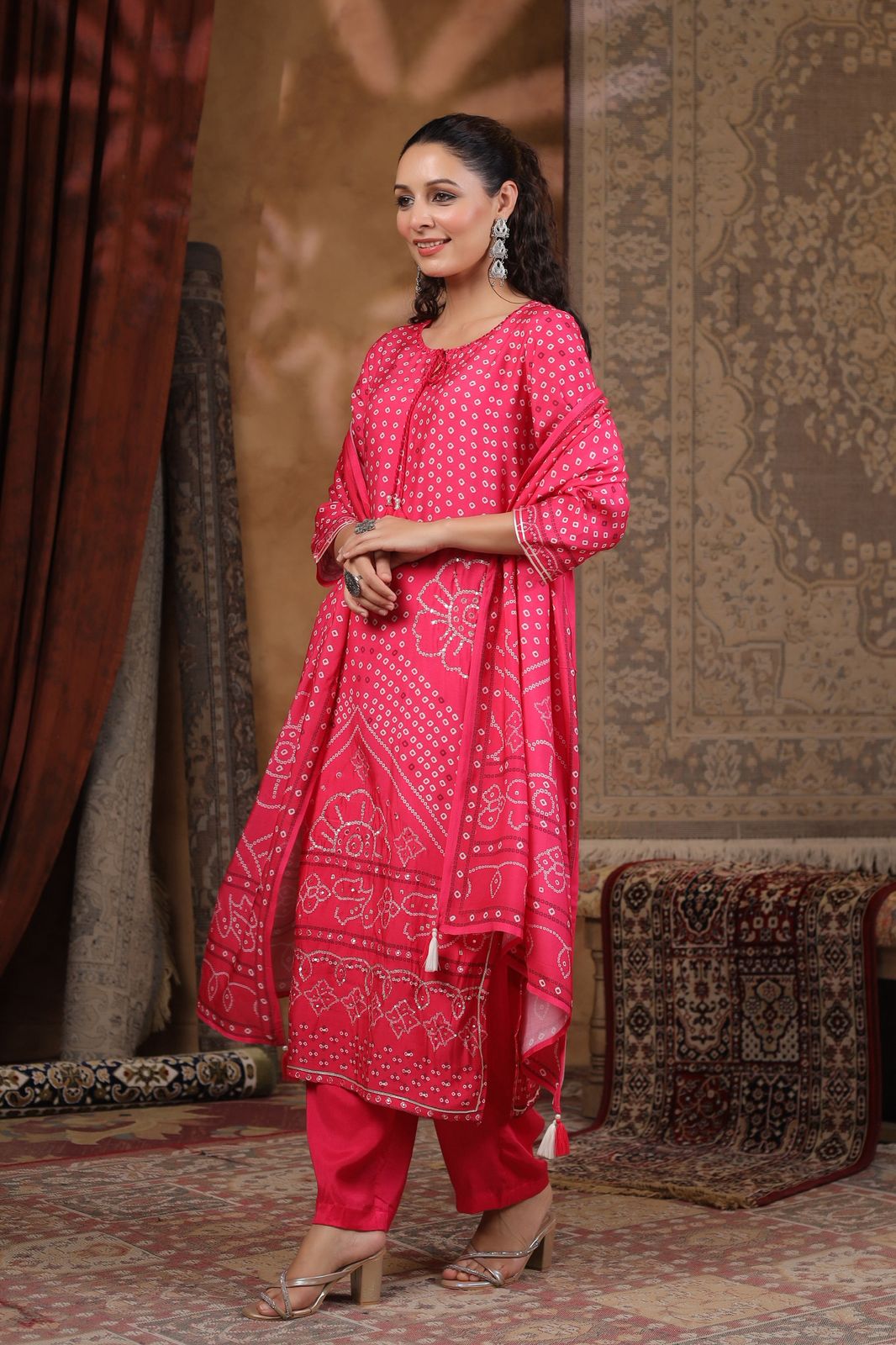 Pink Bandhani muslin silk suit