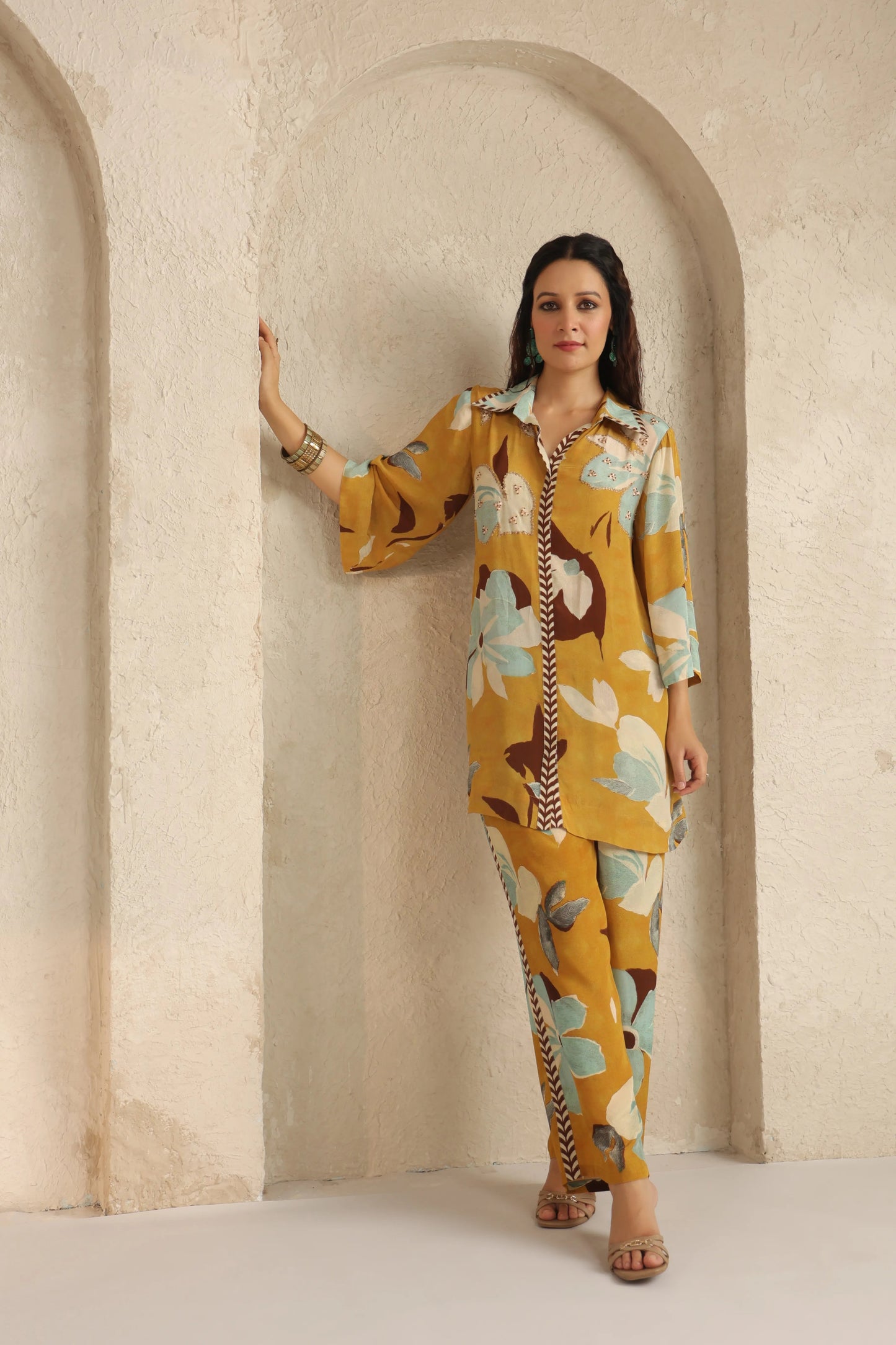 Crepe printed co ord set with handwork