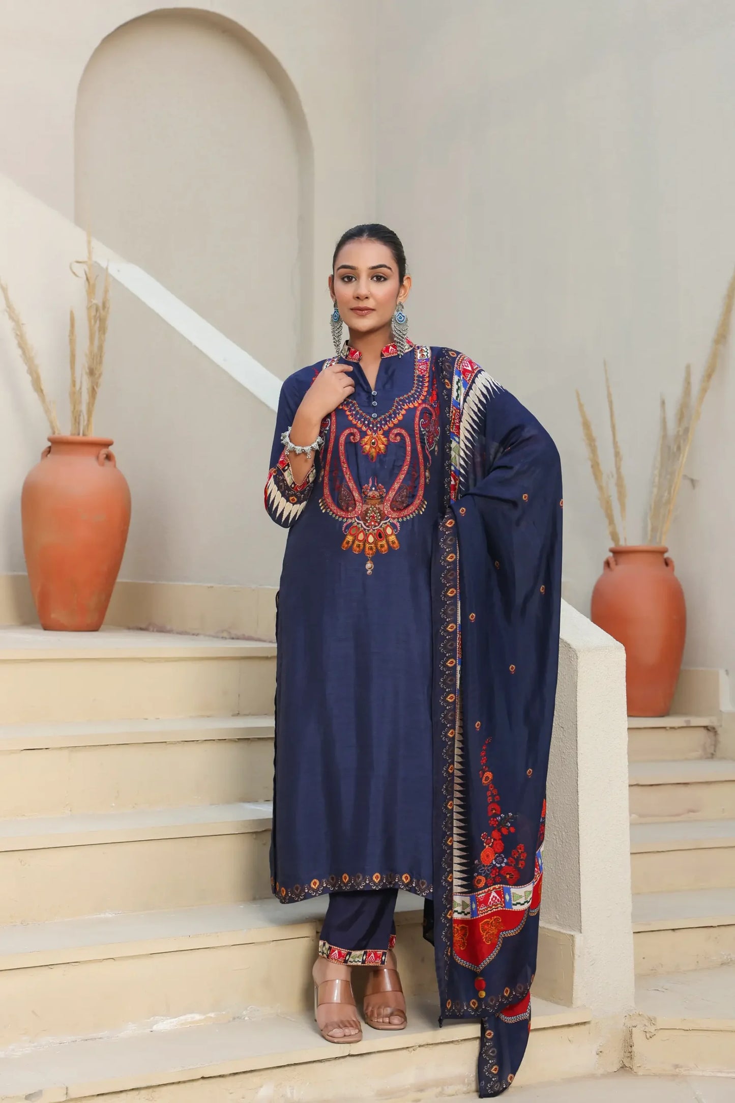 Traditional Print Straight Kurti With Pant And Printed Dupatta