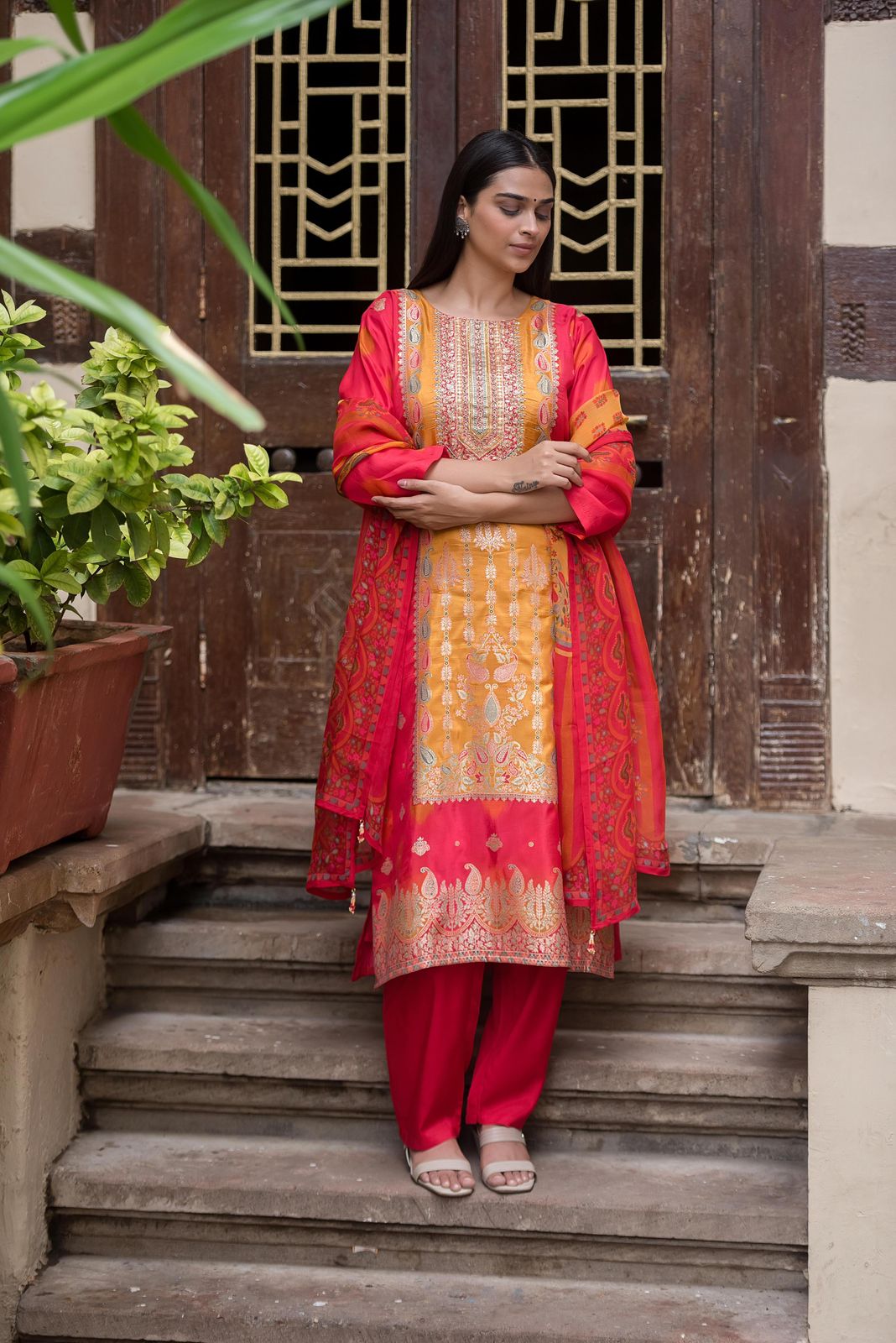 Red banaras silk suit