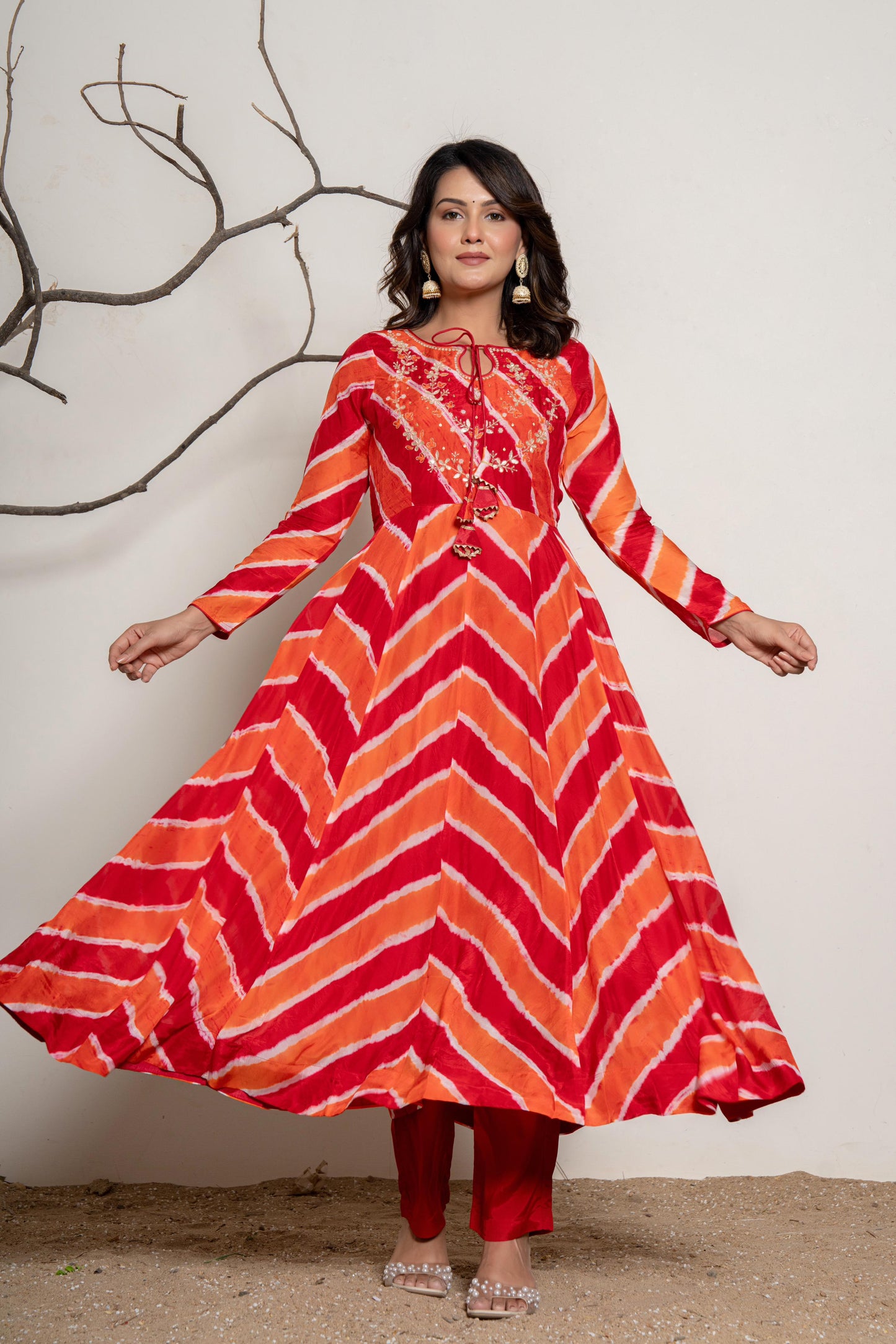 Red orange lehriya crepe Anarkali