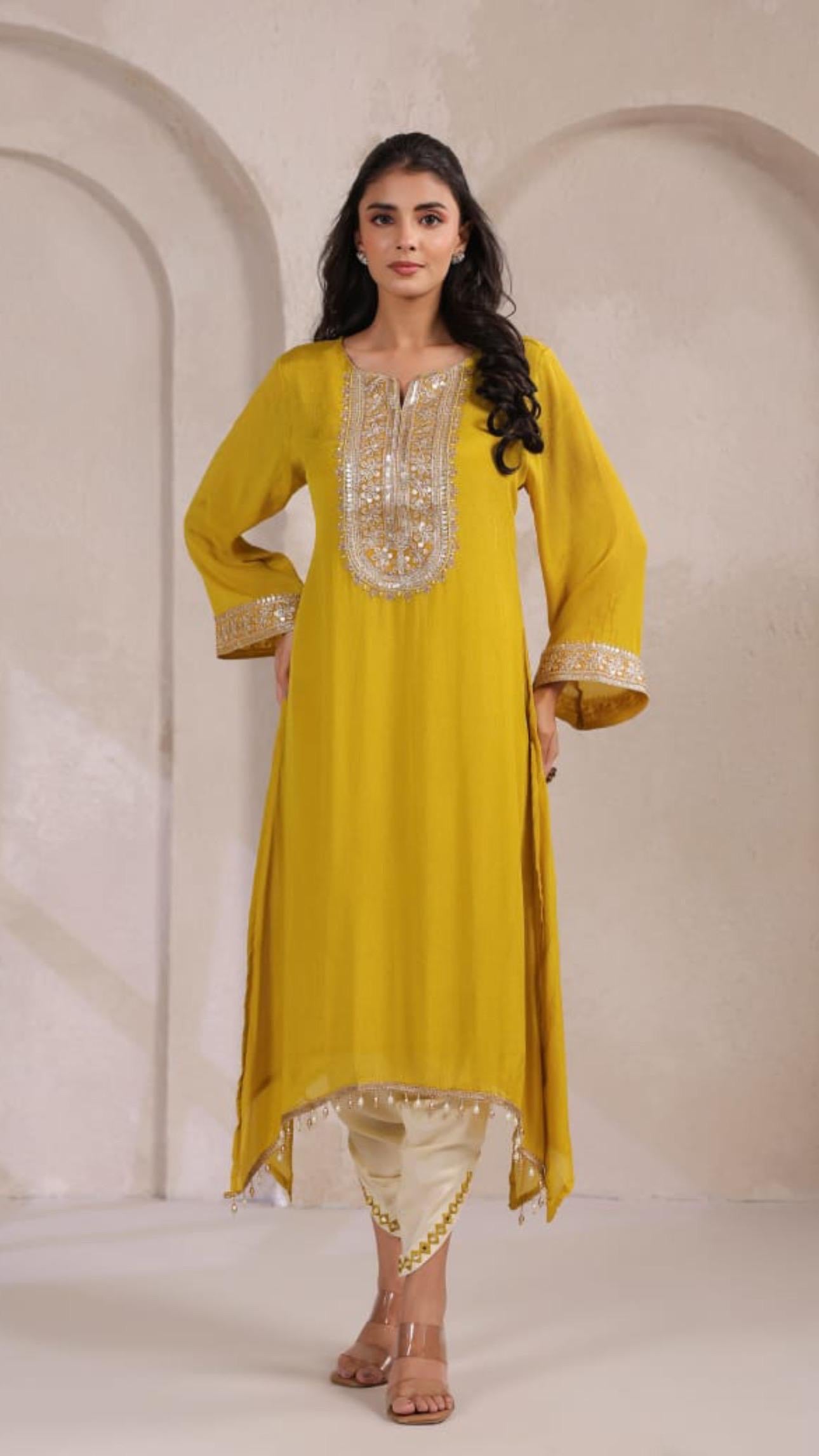 Chinon dhoti style classy set( kurta in chinon fabric &dhoto in muslin )