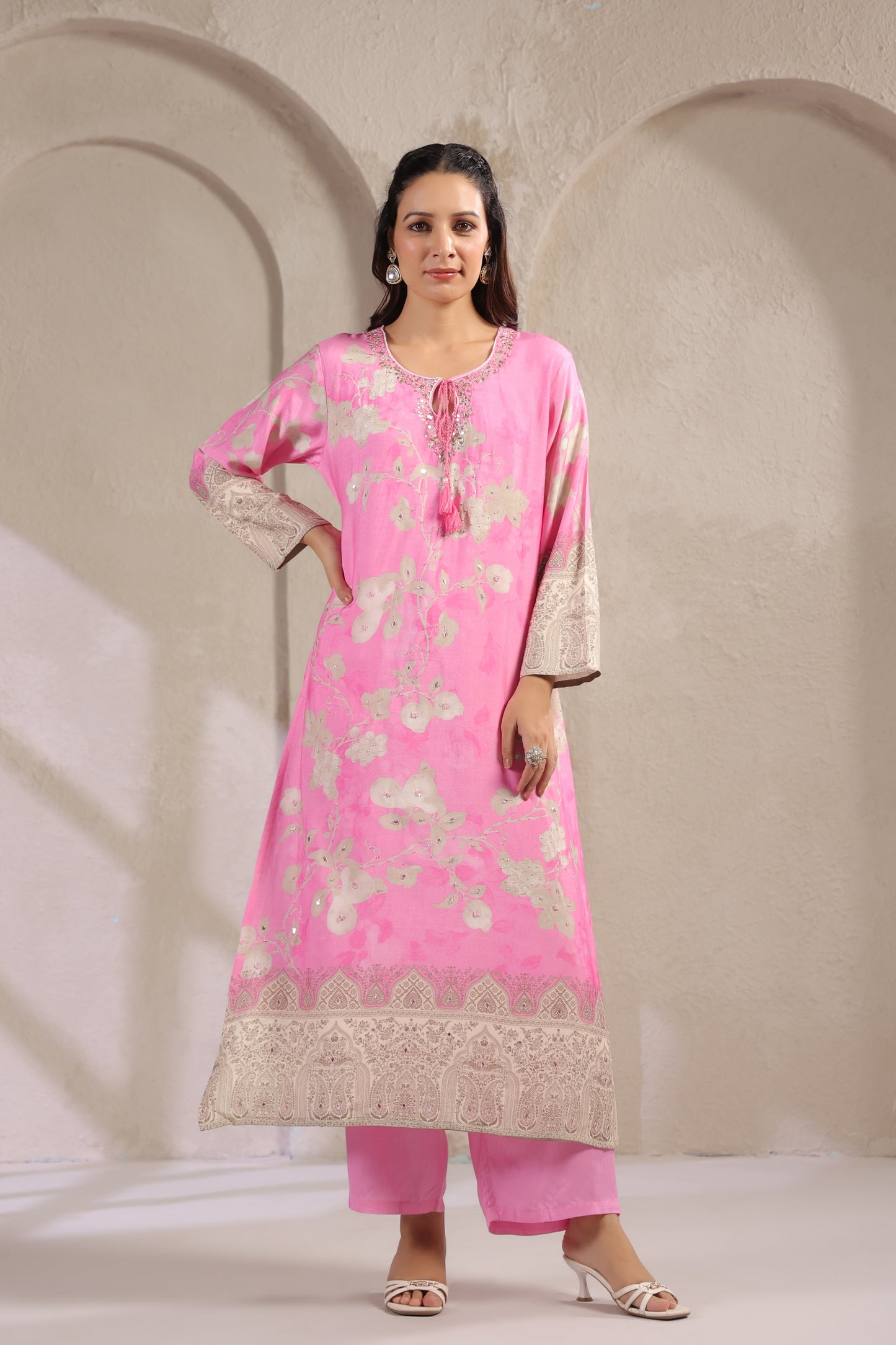 Baby pink digit muslin silk suit