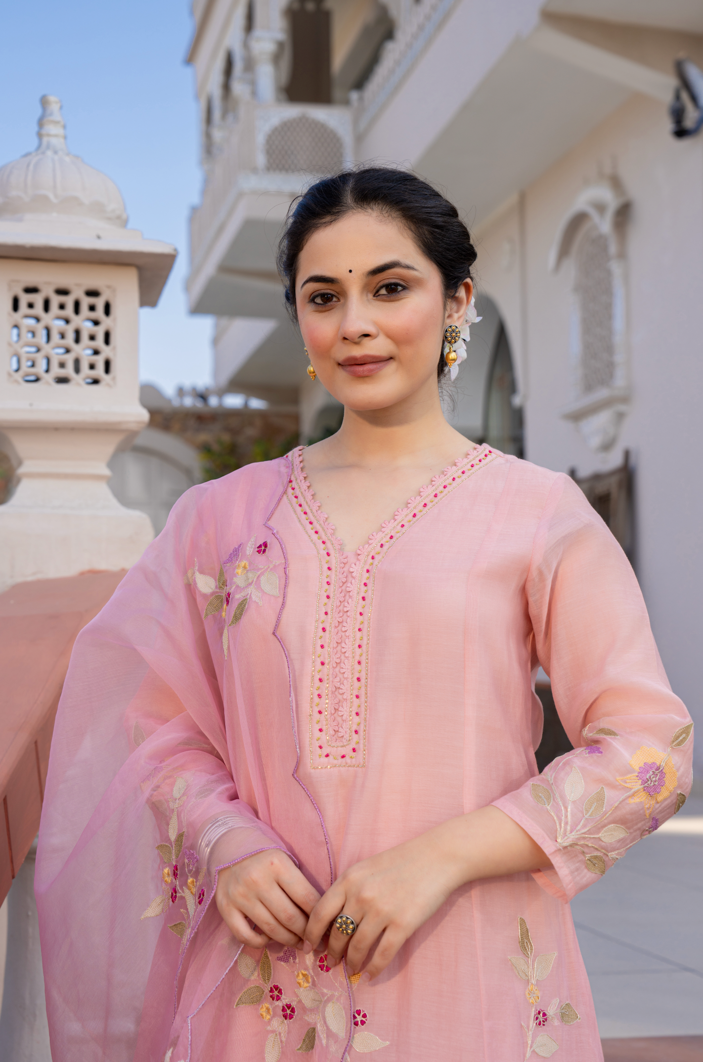 Onion pink Mul Chanderi embroidered Aline Kurti with pants and dupatt