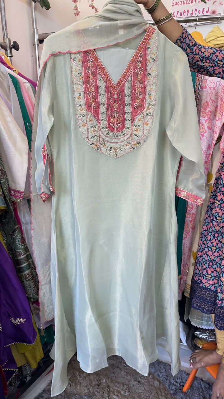 Soft pista green tissue Aline suit with beautiful handwork
