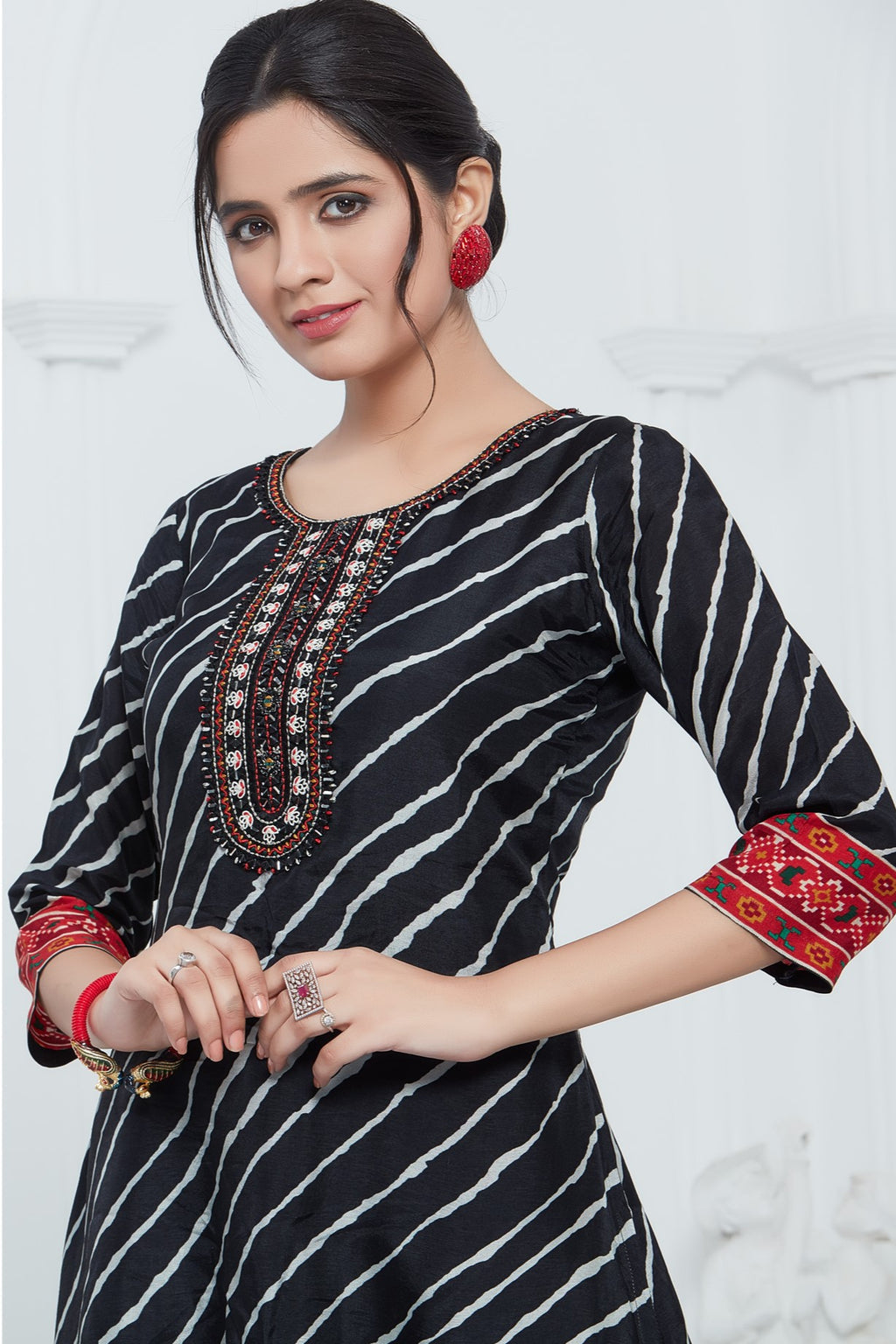 Yellow/Black lehriya silk ethnic kurta pant