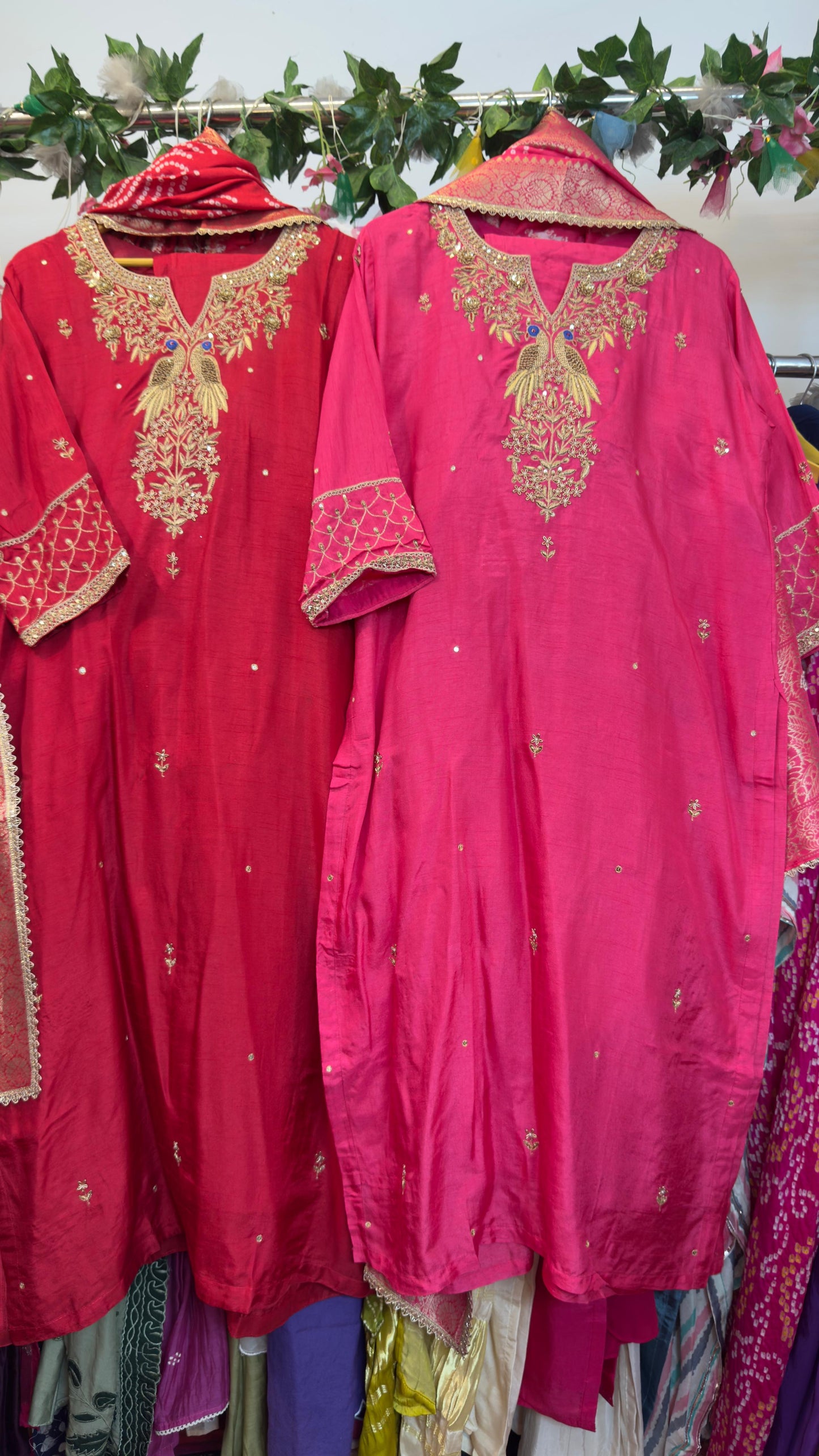 Pure silk suit with zardozi kaam with full banaras dup and silk pants
