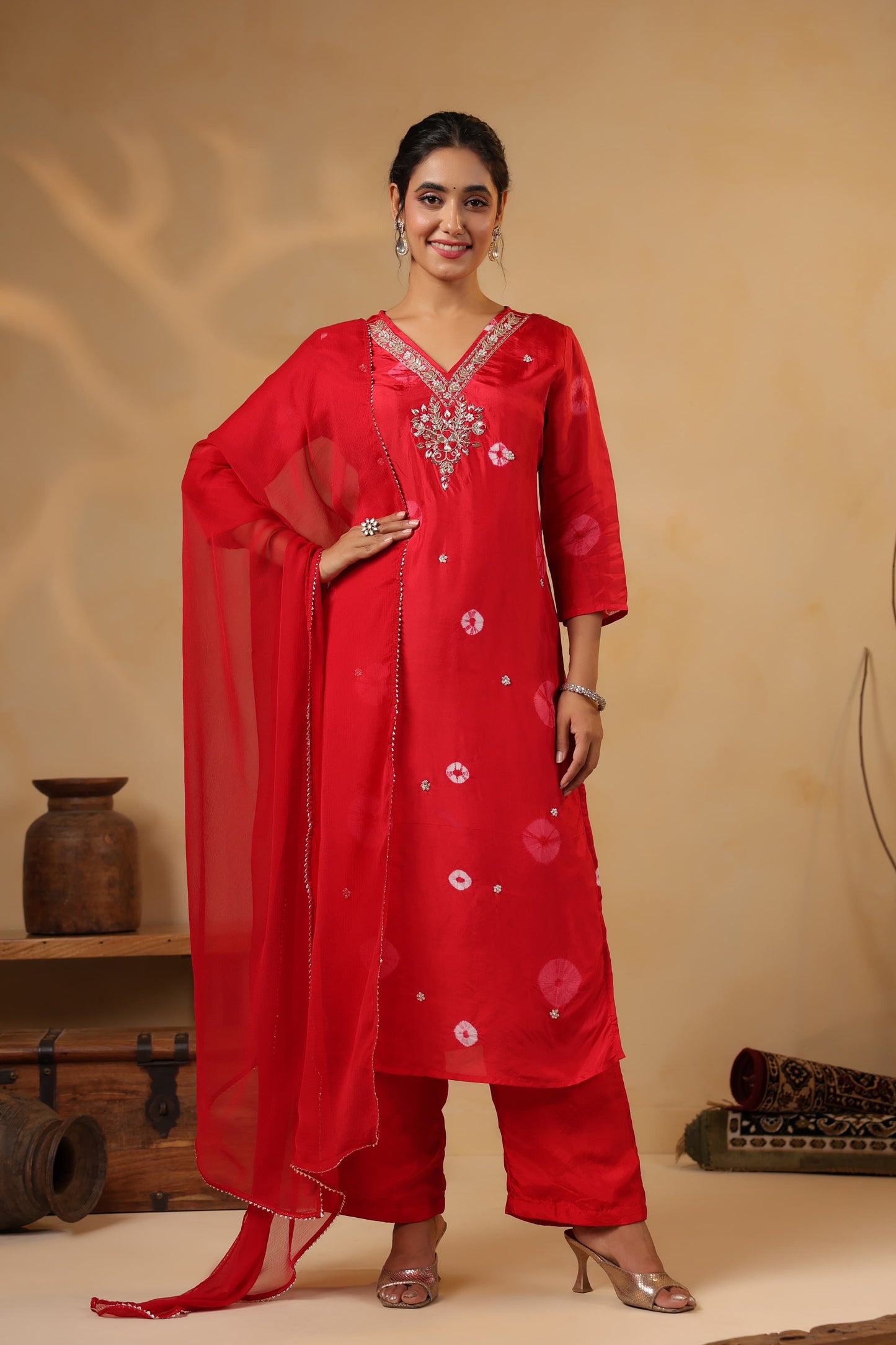 Red Bandhani silk suit