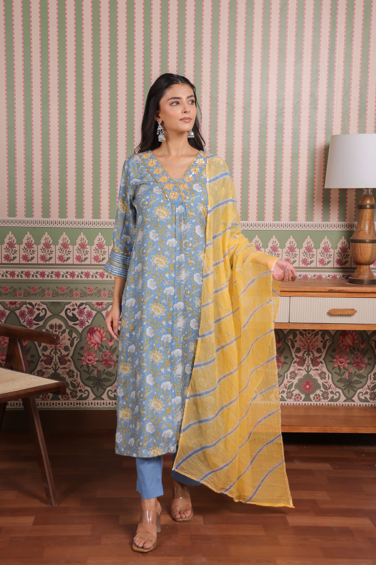 Blue Printed Modal Gota Patti Embroidered
Suit Set