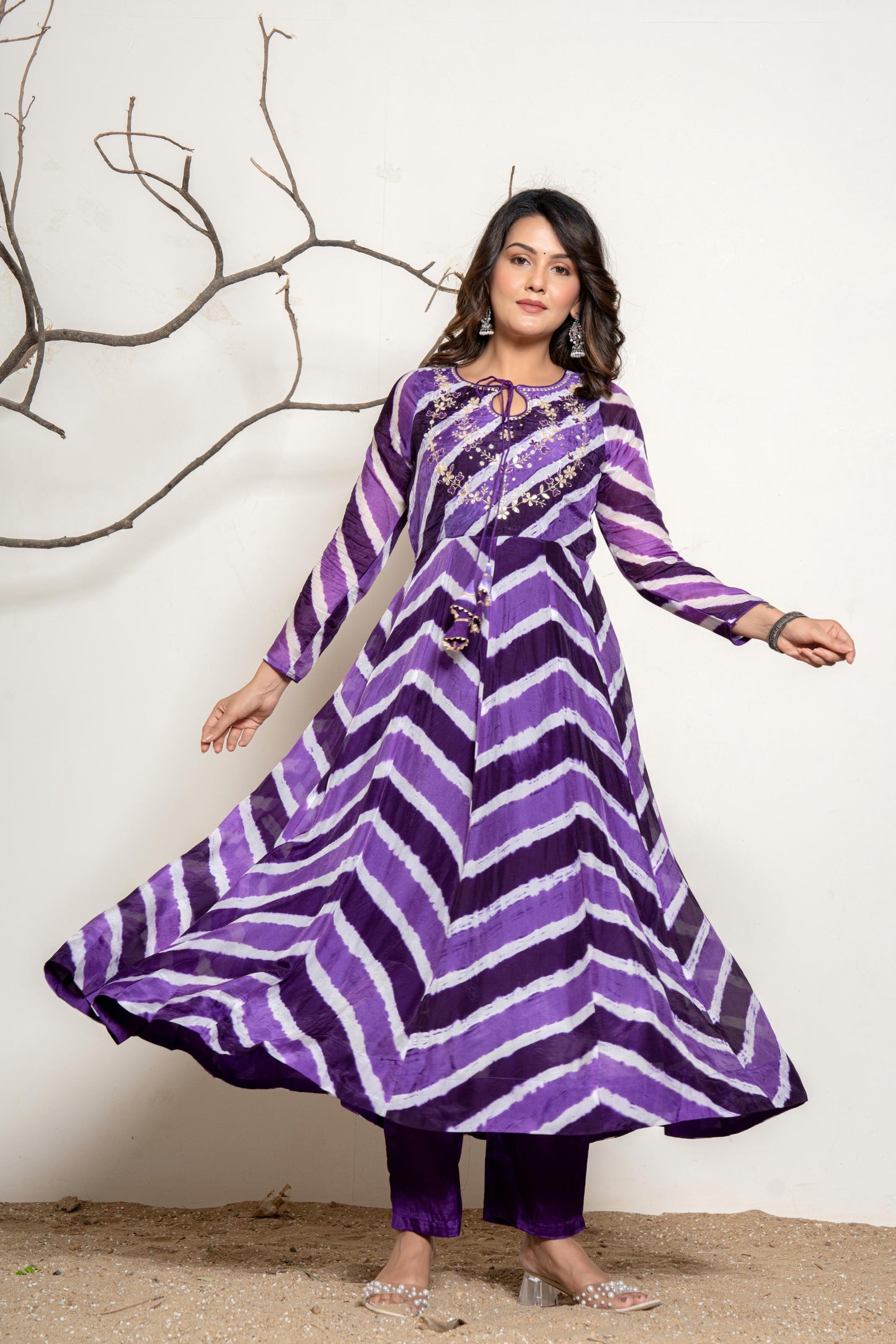 Purple lehriya crepe Anarkali